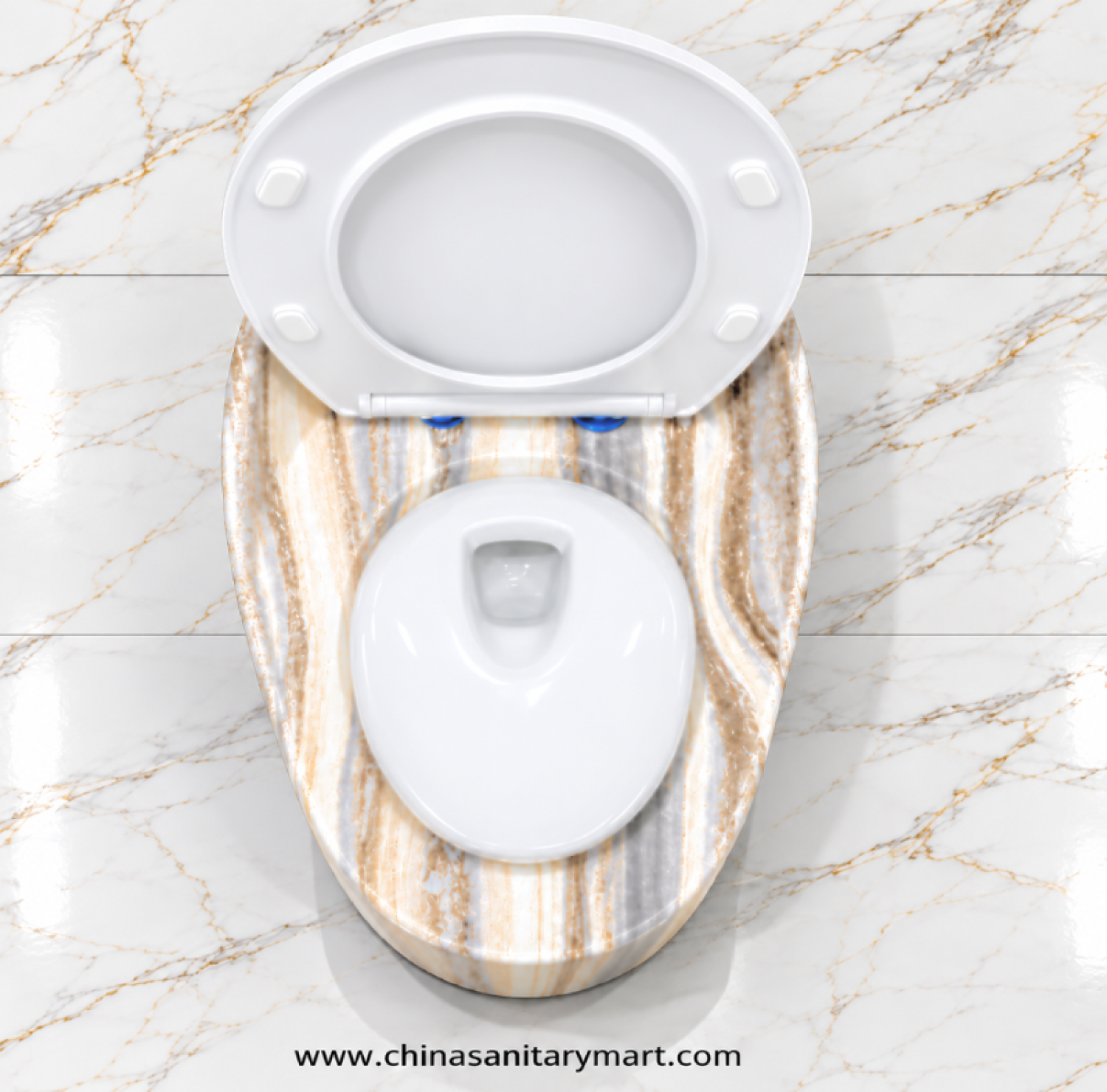 IS-T406D Unique Marble Shed Egg Shape Commode with premium grey and white marble finish, luxury one-piece ceramic floor-mounted toilet featuring a soft close white seat for modern designer bathrooms by China Sanitary Mart.