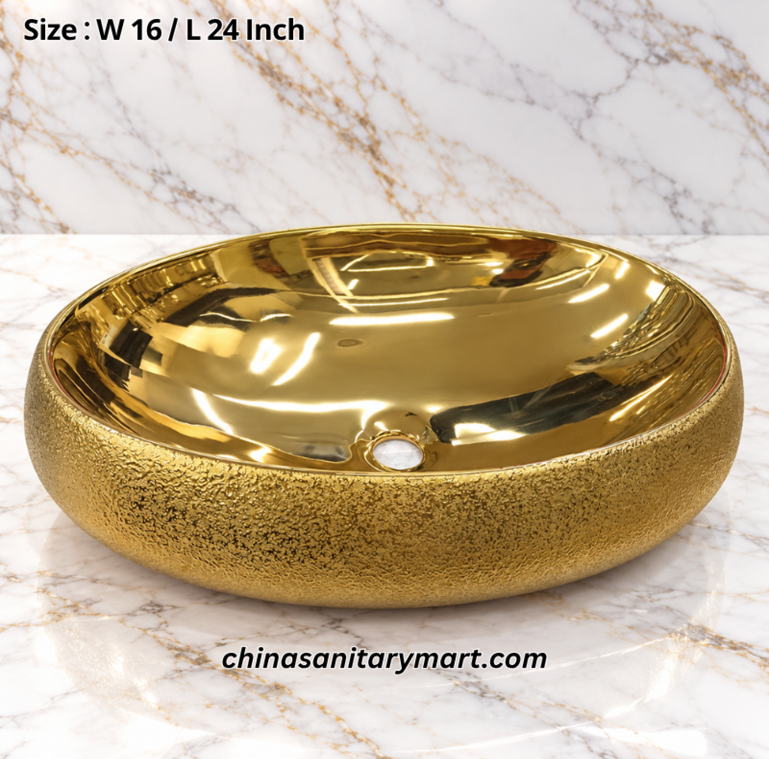 16x24 inch full golden top basin, oval golden countertop wash basin, textured gold bathroom basin, luxury golden washbasin, reflective gold top basin, designer bathroom basin Bangladesh