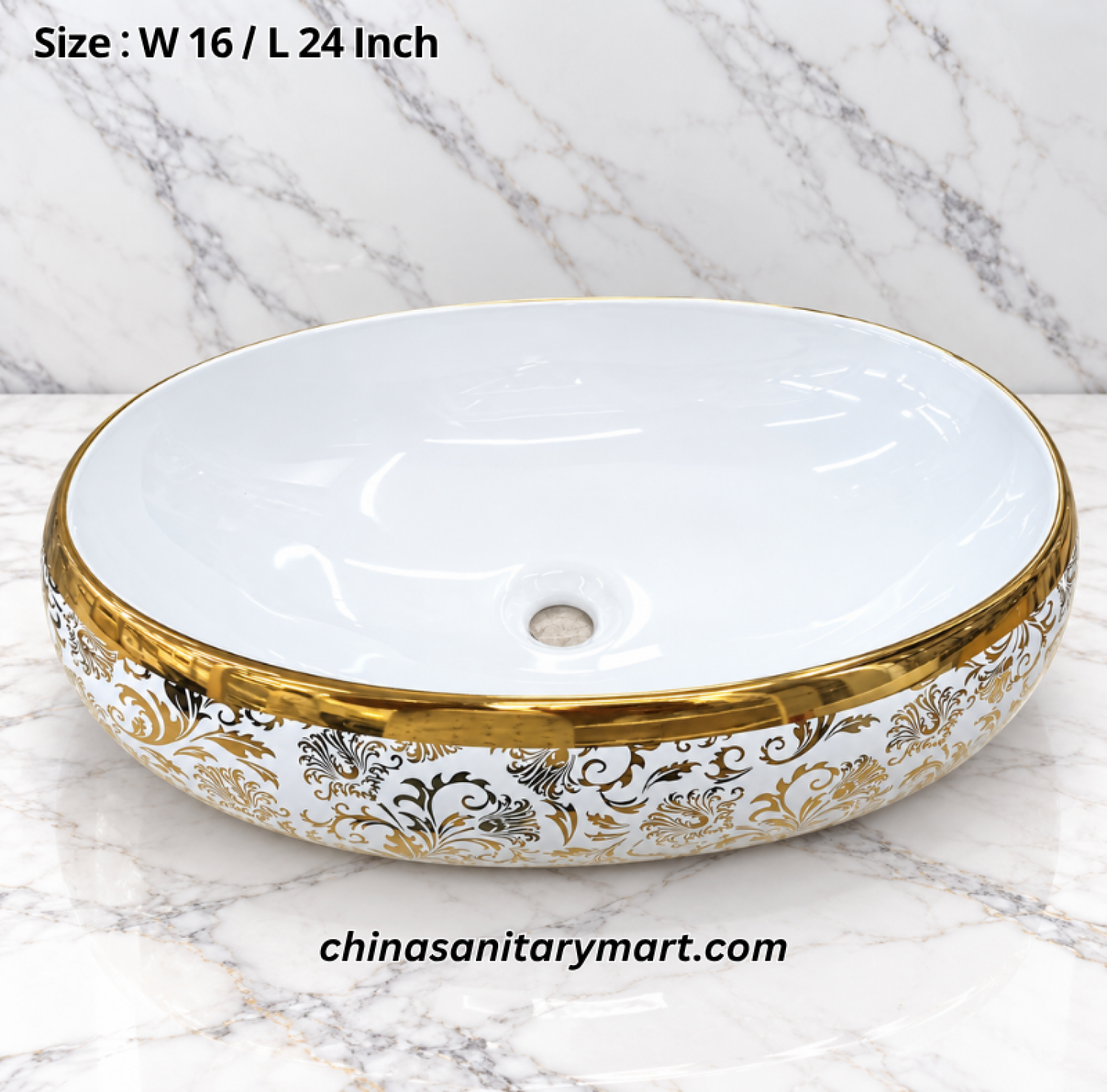 B1266-211-E01 white golden oval top basin, 16x24 inch decorative wash basin, white basin with gold rim, gold and black ornamental basin, luxury countertop bathroom basin