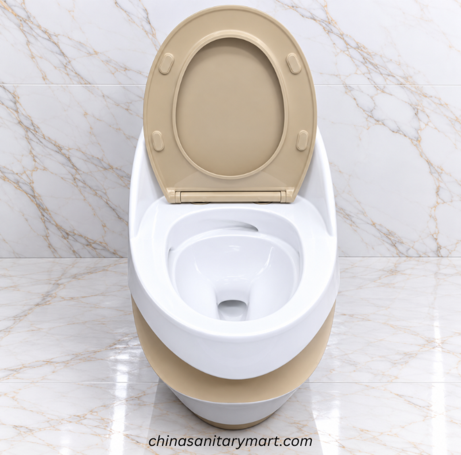 Ori-3048HK white and beige wave D commode, modern two tone toilet, beige seat cover commode, curved designer toilet, white bathroom commode with beige accent