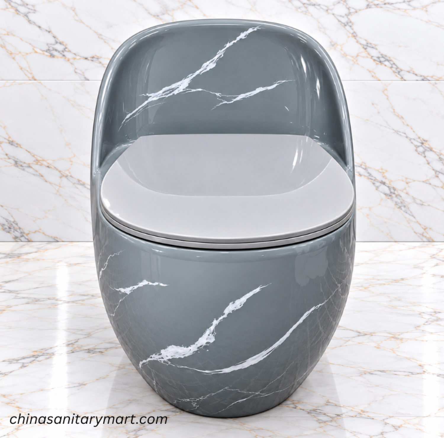 Ori-70990GM grey marble shed egg shape commode, glossy grey toilet with white marble veining, modern egg shape commode, grey matching seat cover toilet, designer bathroom commode Bangladesh