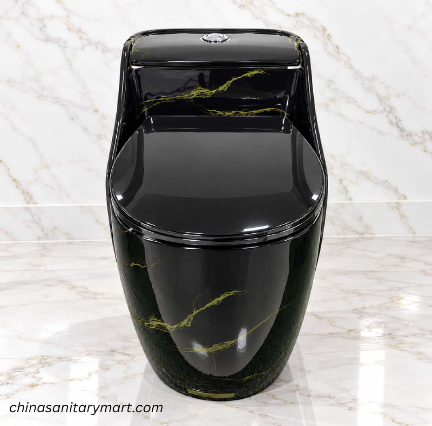 Ori-7986BM black marble shed commode, glossy black one piece toilet with golden veining, black and gold designer commode, modern black bathroom toilet, marble-style black commode Bangladesh