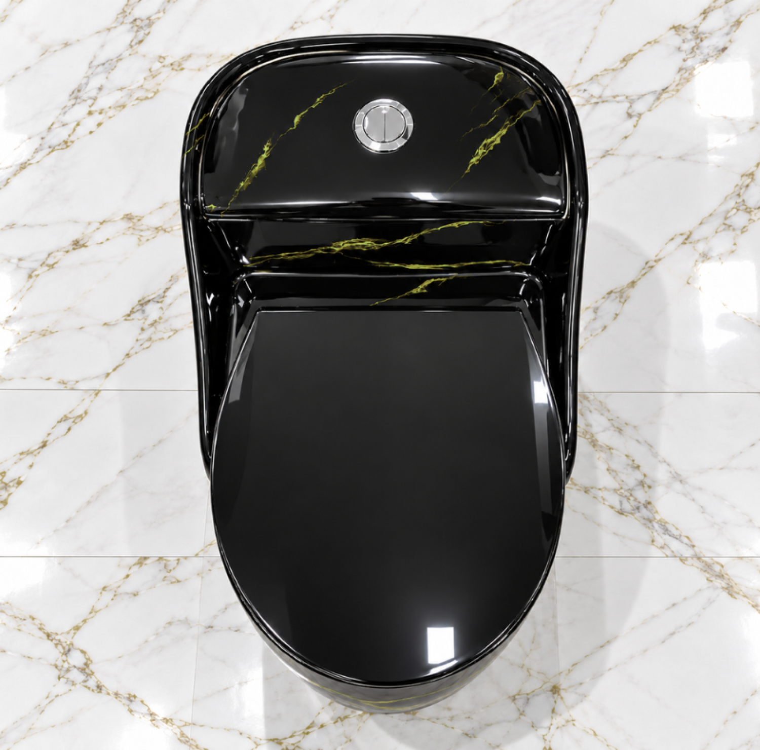 Ori-7986BM black marble shed commode, glossy black one piece toilet with golden veining, black and gold designer commode, modern black bathroom toilet, marble-style black commode Bangladesh