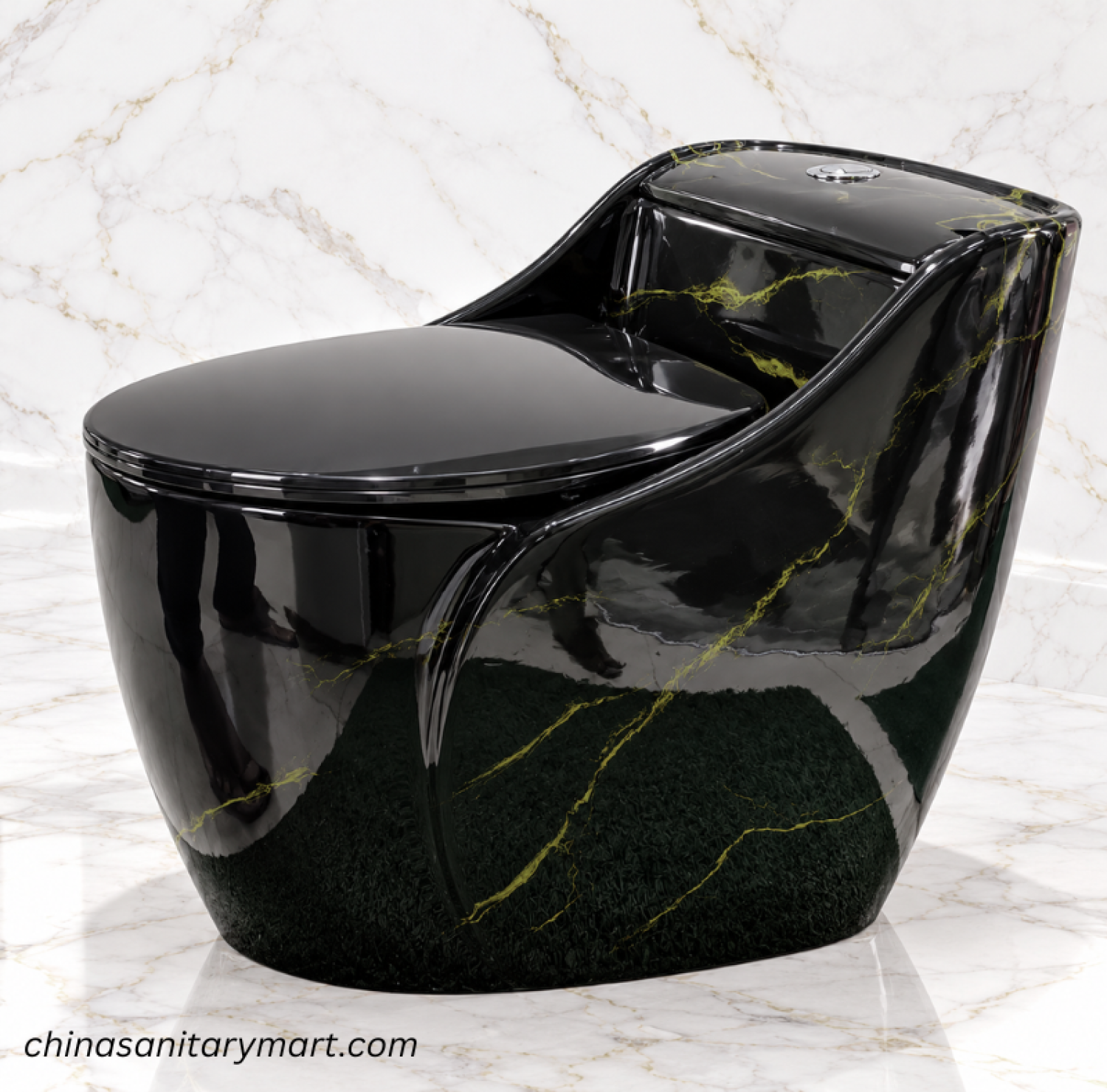 Ori-7986BM black marble shed commode, glossy black one piece toilet with golden veining, black and gold designer commode, modern black bathroom toilet, marble-style black commode Bangladesh