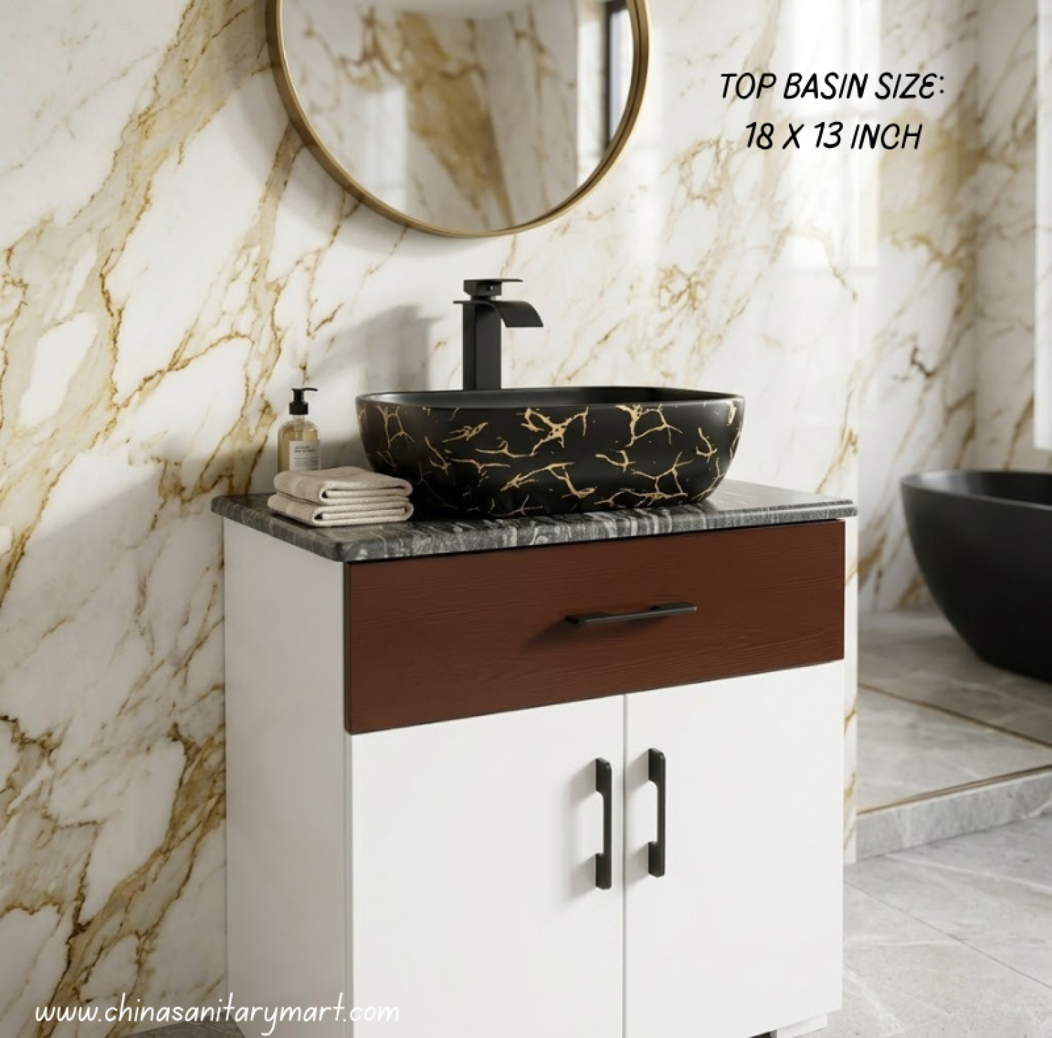 cabinet Set with Black & Gold  Top Basin | Modern Cabinet Combo