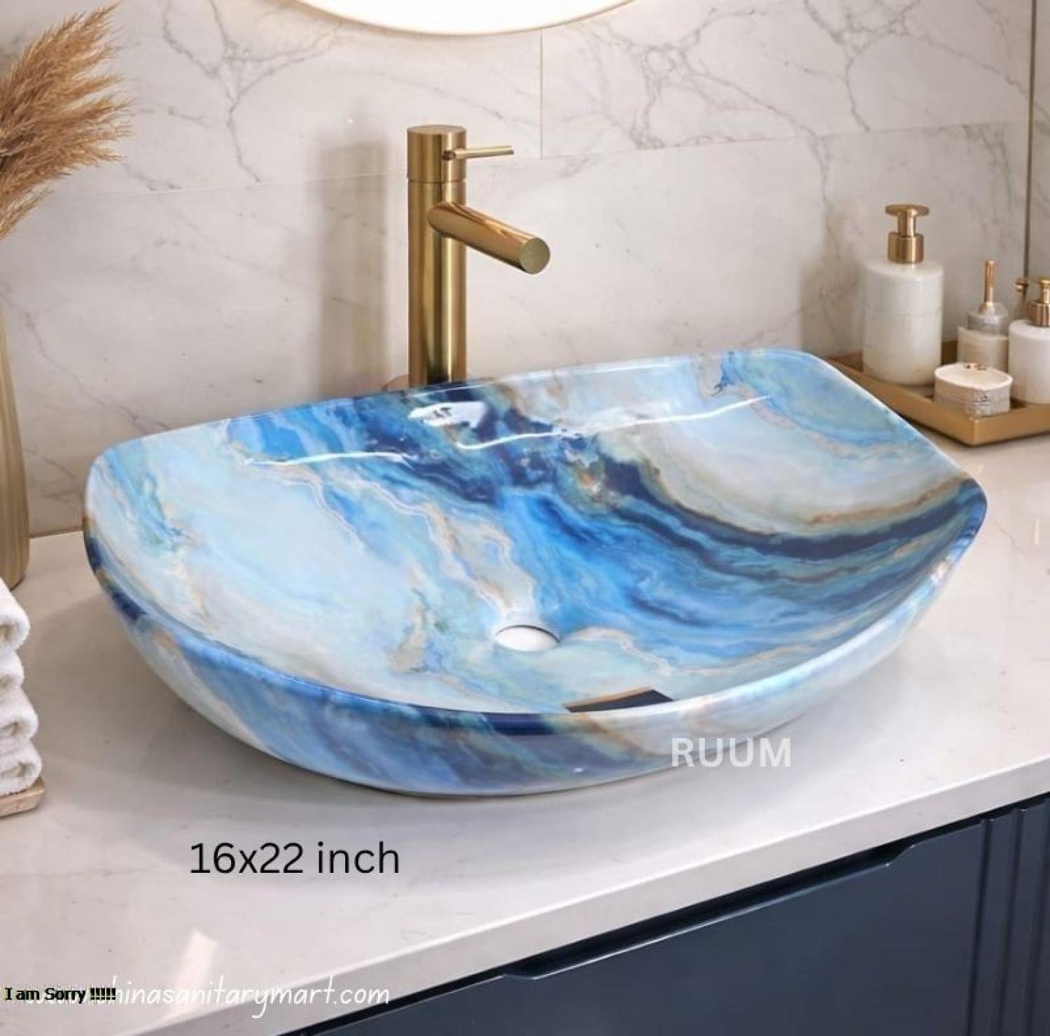 Enhance your bathroom with China Sanitary Mart's 19x14 inch Blue Marble Texture Top Basin. Premium glossy finish and durable ceramic quality. Order now: 01752130005.