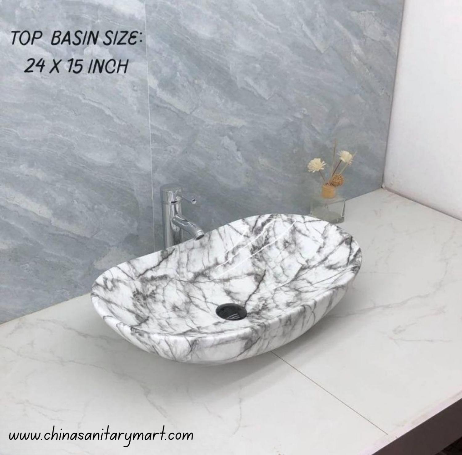 Luxury Oval Marble Finish Table Top Basin (24x15 Inch