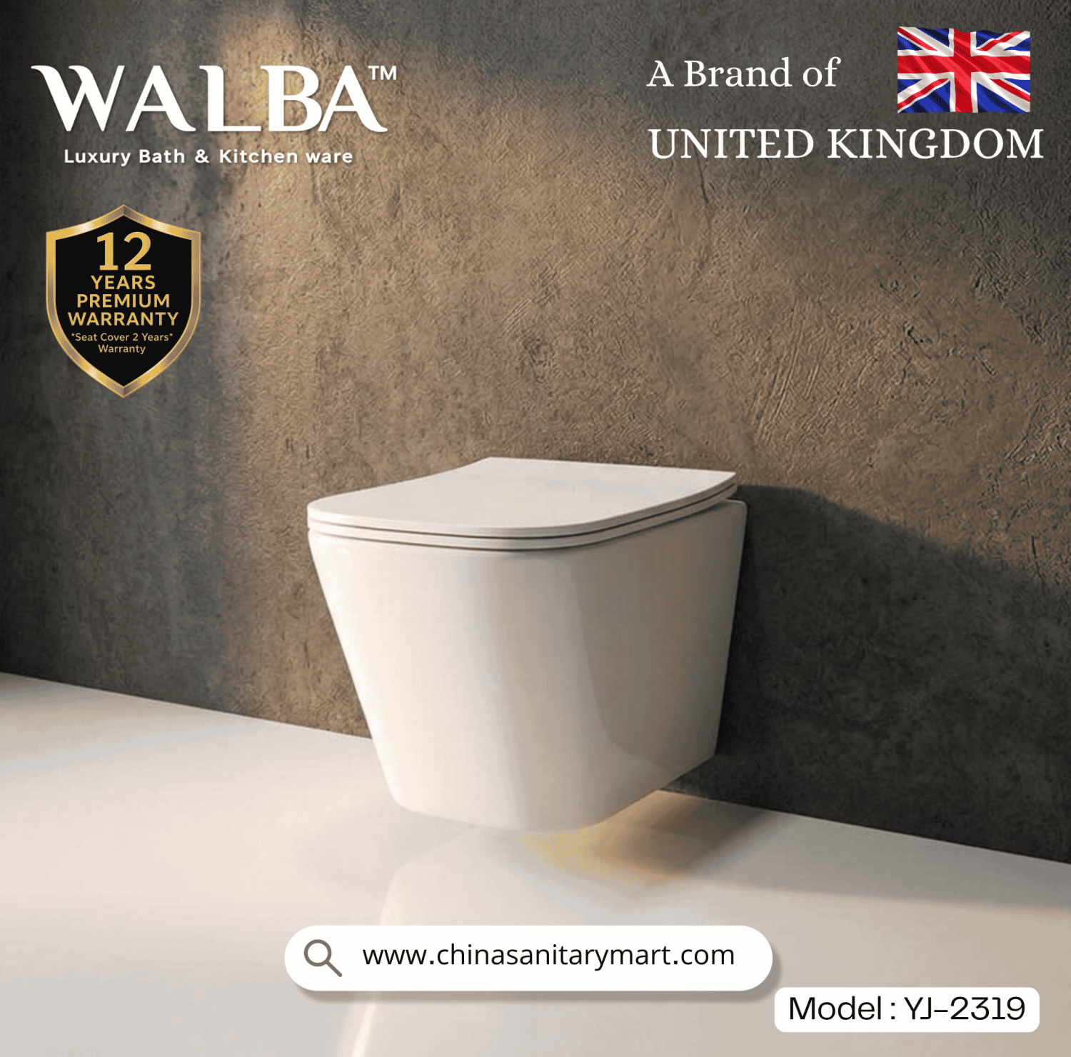 Walba commode, Walba YJ-2319, wall hung toilet, wall mounted commode, luxury sanitary ware, UK brand toilet, modern bathroom fittings, premium commode, China Sanitary Mart, ceramic toilet bowl, space saving toilet