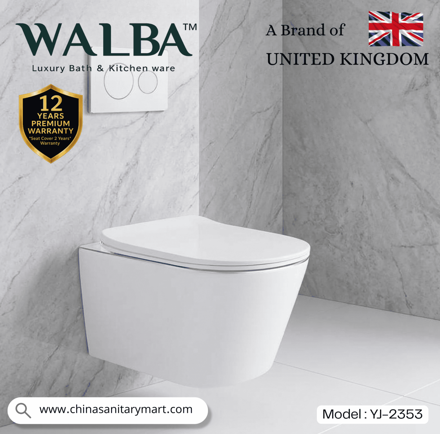 Walba commode YJ-2353, Walba wall hung toilet, UK brand commode, luxury bathroom fittings, wall mounted toilet, modern sanitary ware, China Sanitary Mart, ceramic commode, space saving toilet
