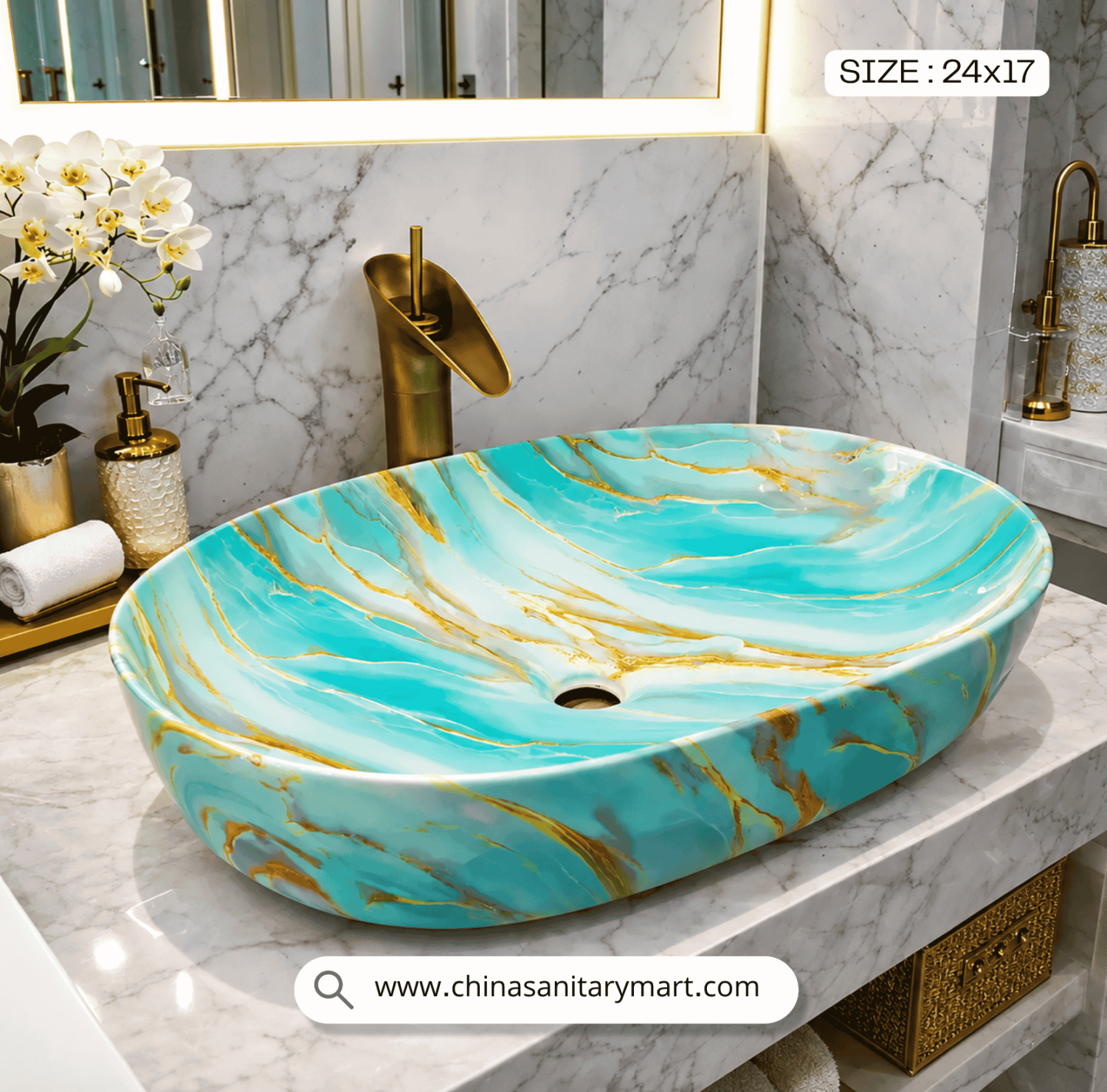 Luxury marble basin, gold vein wash basin, 2417 inch top basin, marble countertop sink, vanity basin with gold veins, rectangular top basin, luxury bathroom sanitary ware, China Sanitary Mart, premium ceramic wash basin, modern vanity bowl