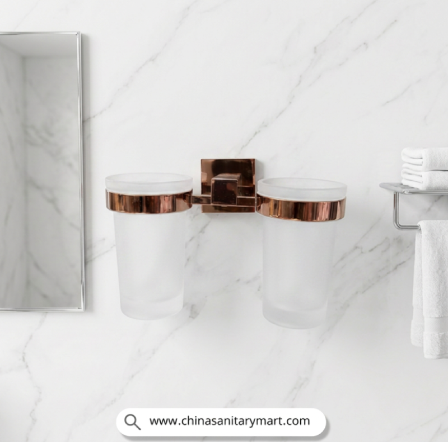 IM Double Brush Holder Rose Golden, Double Brush Holder, Rose Gold Brush Holder, Wall Mounted Toothbrush Holder, Double Toothbrush Holder, Frosted Glass Tumbler Holder, Rose Gold Bathroom Accessories, Luxury Bathroom Organizer