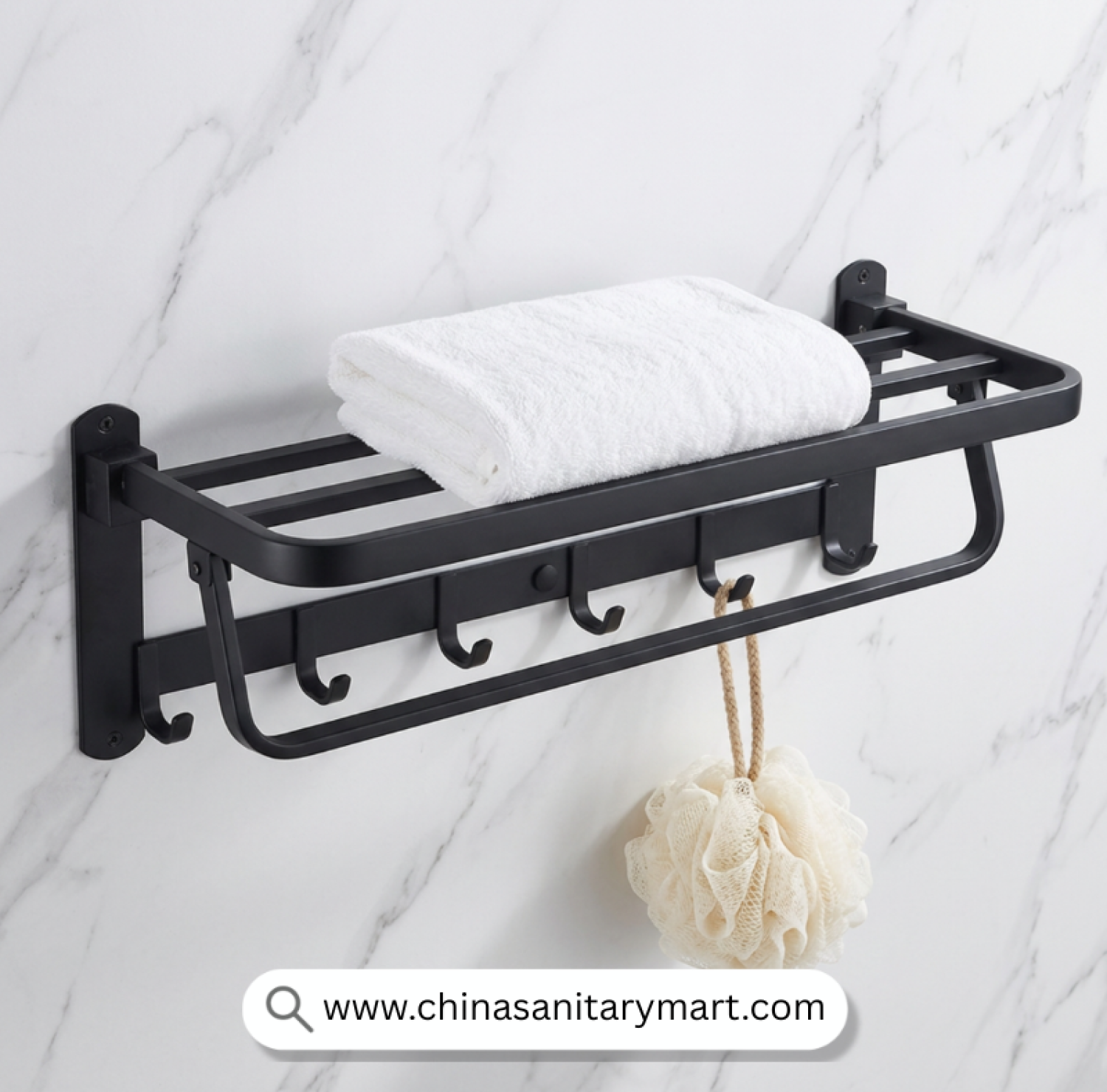 Black Hook Towel Rack Lite, Matte Black Towel Rack, Wall Mounted Towel Rack, Towel Shelf with Hooks, Bathroom Towel Organizer, Towel Rack with 5 Hooks, Modern Bathroom Accessories, Matte Black Bathroom Hardware, Towel Storage Rack