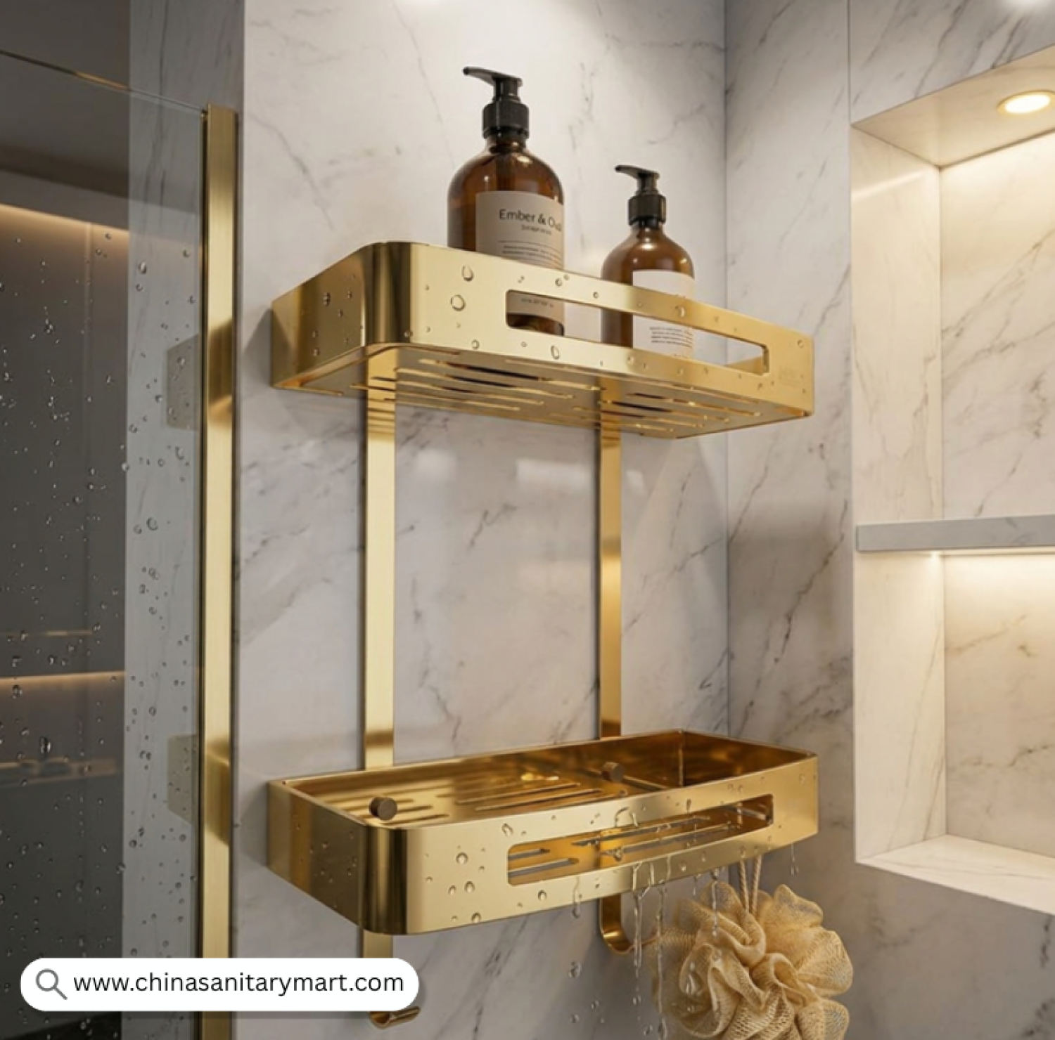 Two Part Wall Shelf Golden, Golden Bathroom Shelf, Gold Shower Shelf, Dual Tier Bathroom Shelf, Luxury Bathroom Organizer, Wall Mounted Shower Shelf, Golden Bathroom Accessories, Two Tier Shower Caddy, Bathroom Storage Rack