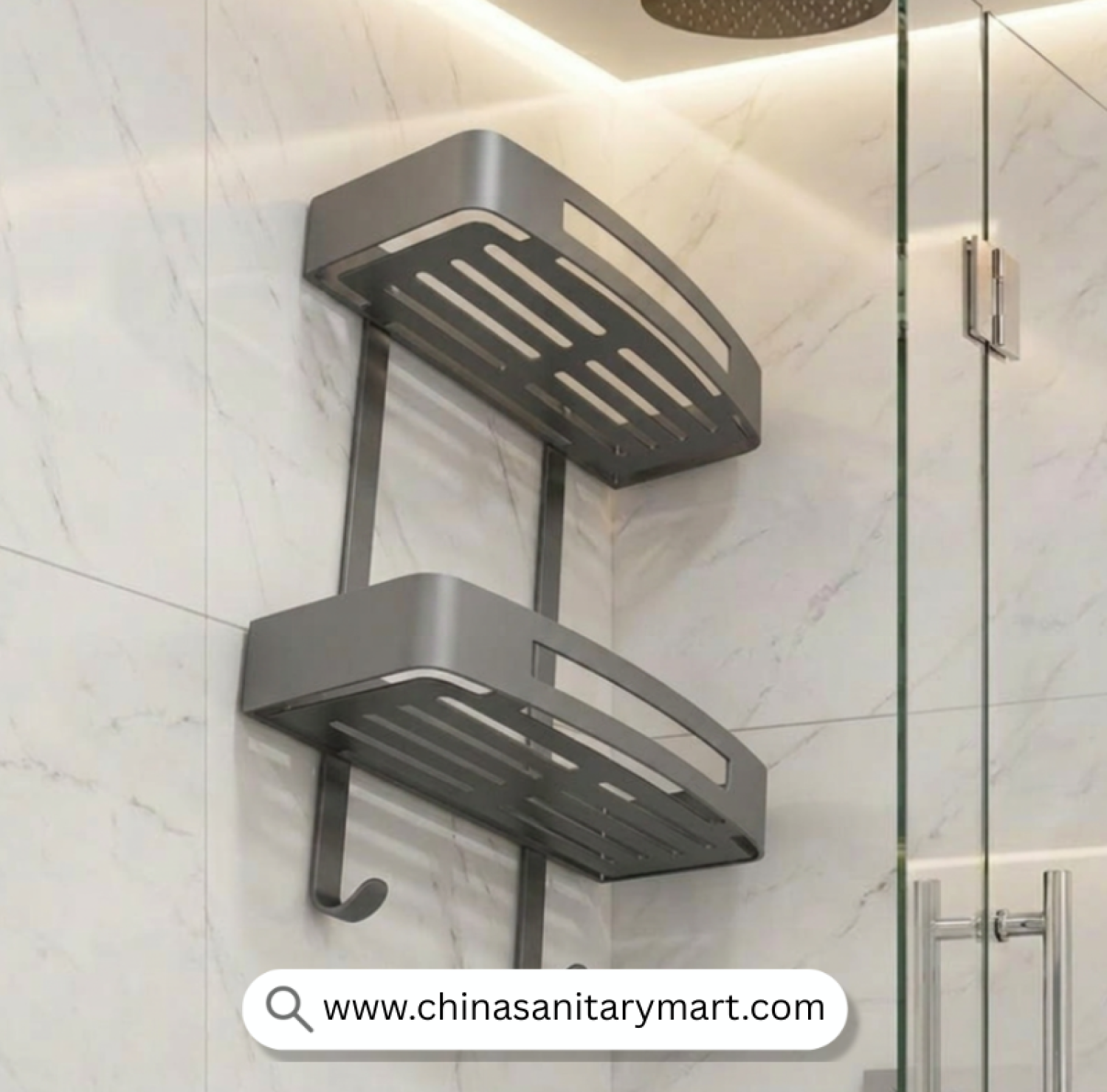 Two Part Wall Shelf Grey, Grey Bathroom Shelf, Dual Tier Shower Shelf, Wall Mounted Bathroom Shelf, Grey Shower Organizer, Bathroom Storage Rack, Two Tier Bathroom Organizer, Shower Storage Shelf, Modern Bathroom Accessories