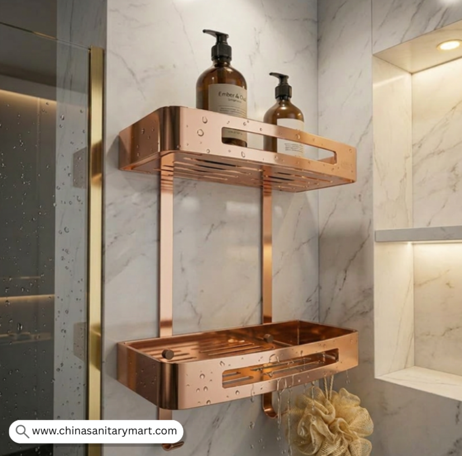 Two Part Wall Shelf Rose Golden, Rose Gold Bathroom Shelf, Rose Gold Shower Shelf, Dual Tier Bathroom Shelf, Luxury Bathroom Organizer, Wall Mounted Shower Shelf, Rose Gold Bathroom Accessories, Two Tier Shower Caddy, Bathroom Storage Rack