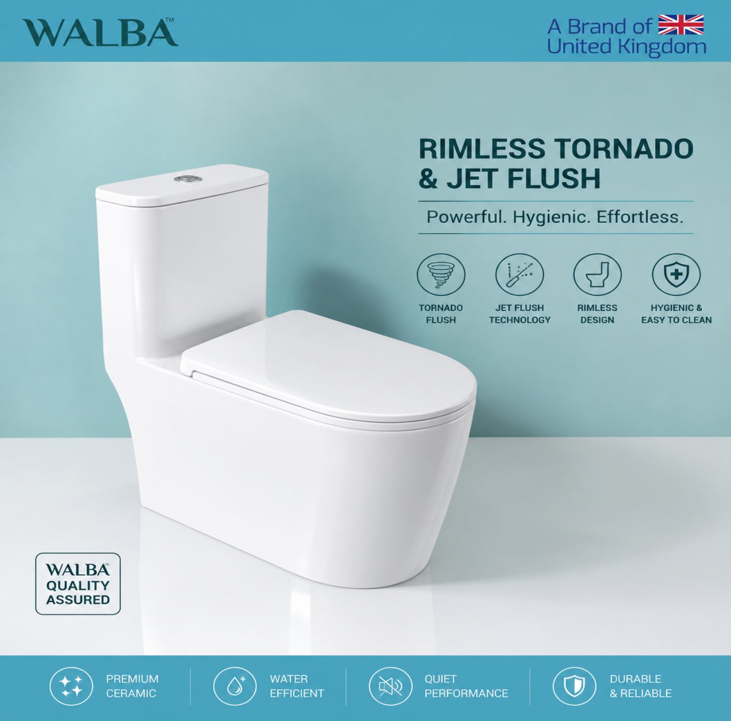 Walba Commode, Rimless Commode, Tornado Flush Toilet, Jet Flush Commode, One Piece Toilet, Premium Ceramic Toilet, Modern Bathroom Commode, Hygienic Toilet, Soft Close Seat Toilet,