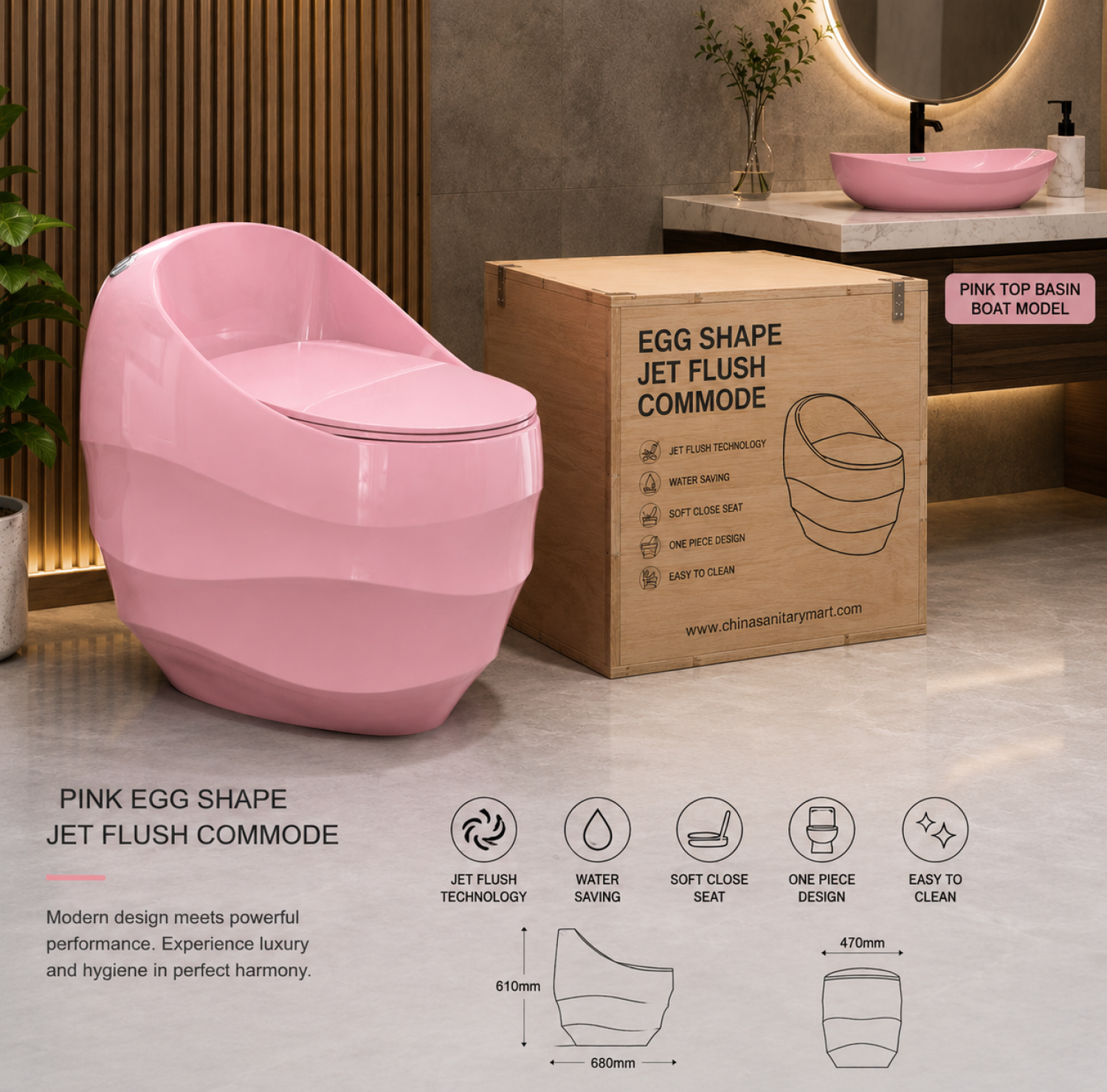 Pink Commode, Egg Shape Toilet, Jet Flush Toilet, Pink WC, Luxury Bathroom Toilet, One Piece Commode, Ceramic Toilet, Modern Bathroom Fixture, Soft Close Seat,