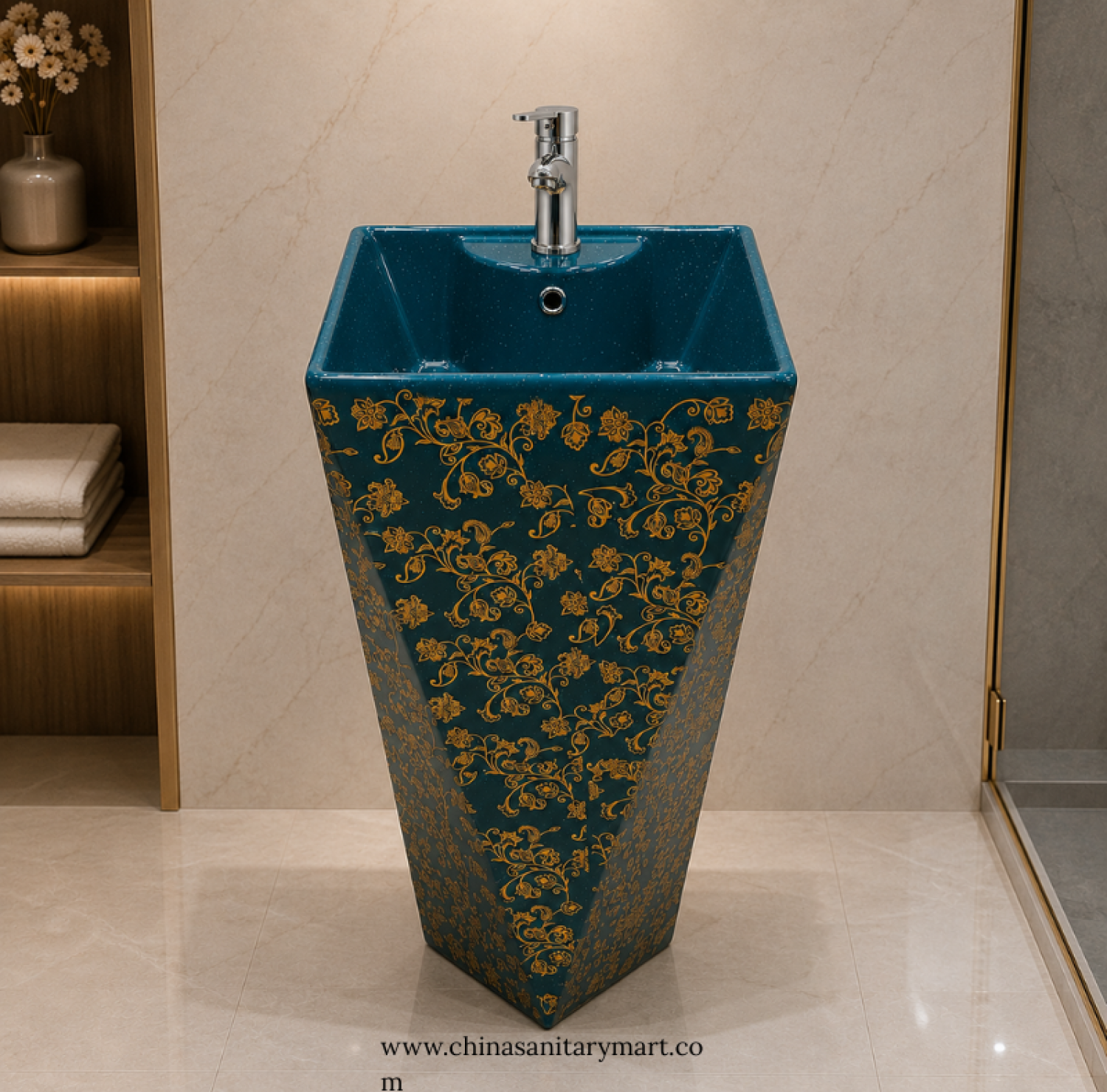 Gold Leaf Pattern Teal Diamond Shape Drum Basin, Teal Drum Basin, Gold Pattern Basin, Designer Pedestal Basin, Luxury Wash Basin Bangladesh, Decorative Ceramic Basin, Freestanding Basin, Teal Gold Basin