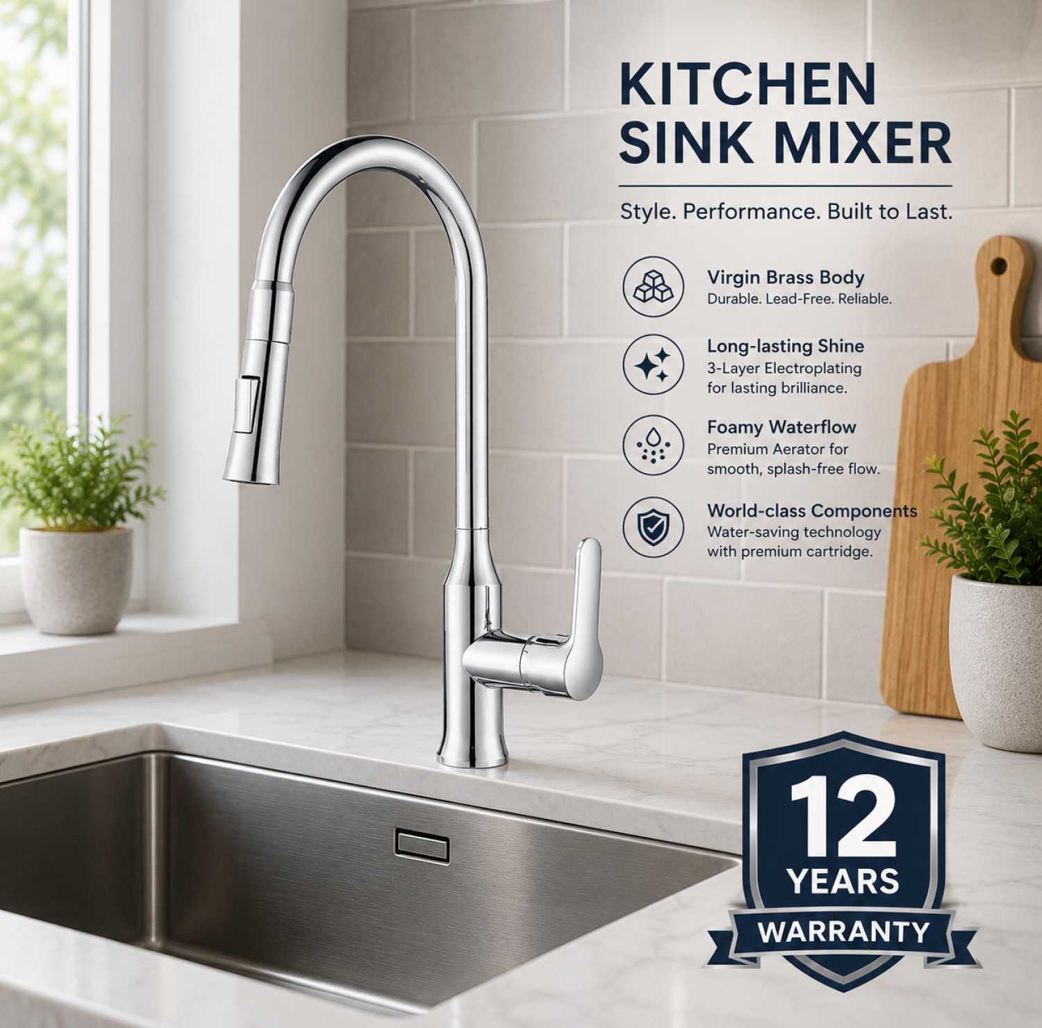 pull down sink mixer, INF-2801 sink mixer, brass kitchen faucet, premium sink mixer, kitchen mixer tap, modern kitchen faucet, virgin brass sink mixer, chrome kitchen mixer, kitchen tap Bangladesh, China Sanitary Mart rosa sink mixer