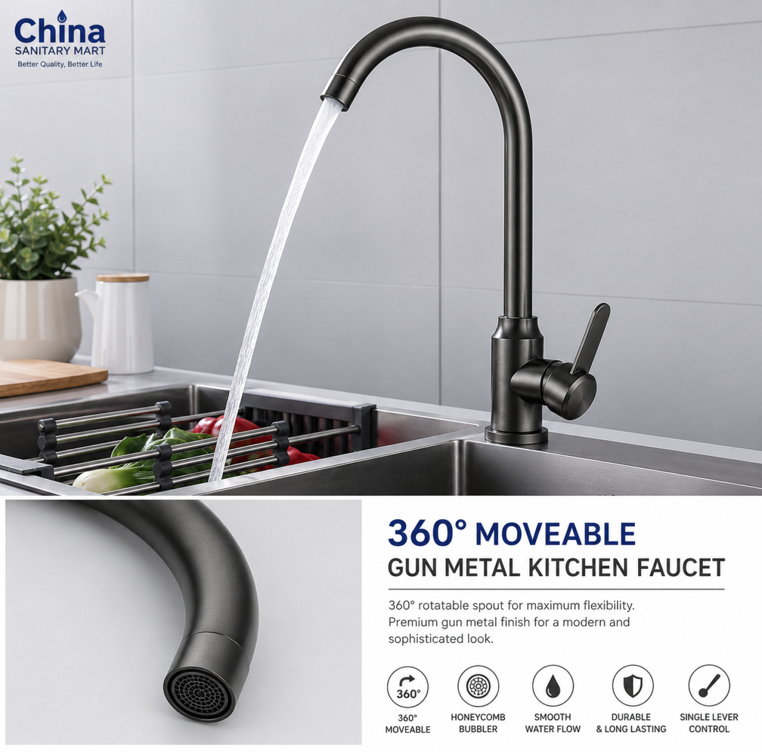 gun metal kitchen faucet, kitchen faucet Bangladesh, moveable kitchen faucet, 360 degree kitchen faucet, swivel sink faucet, modern kitchen tap, gun metal sink mixer,
