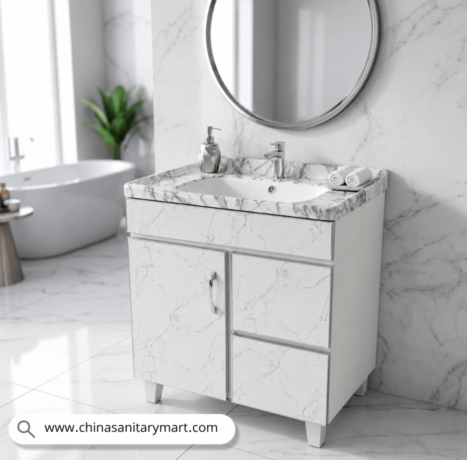 vanity cabinet with basin, integrated basin cabinet, 24x18.5 inch basin cabinet, recessed basin cabinet, white marble vanity cabinet, bathroom cabinet with storage, pillar tap included, LED mirror cabinet set, China Sanitary Mart
