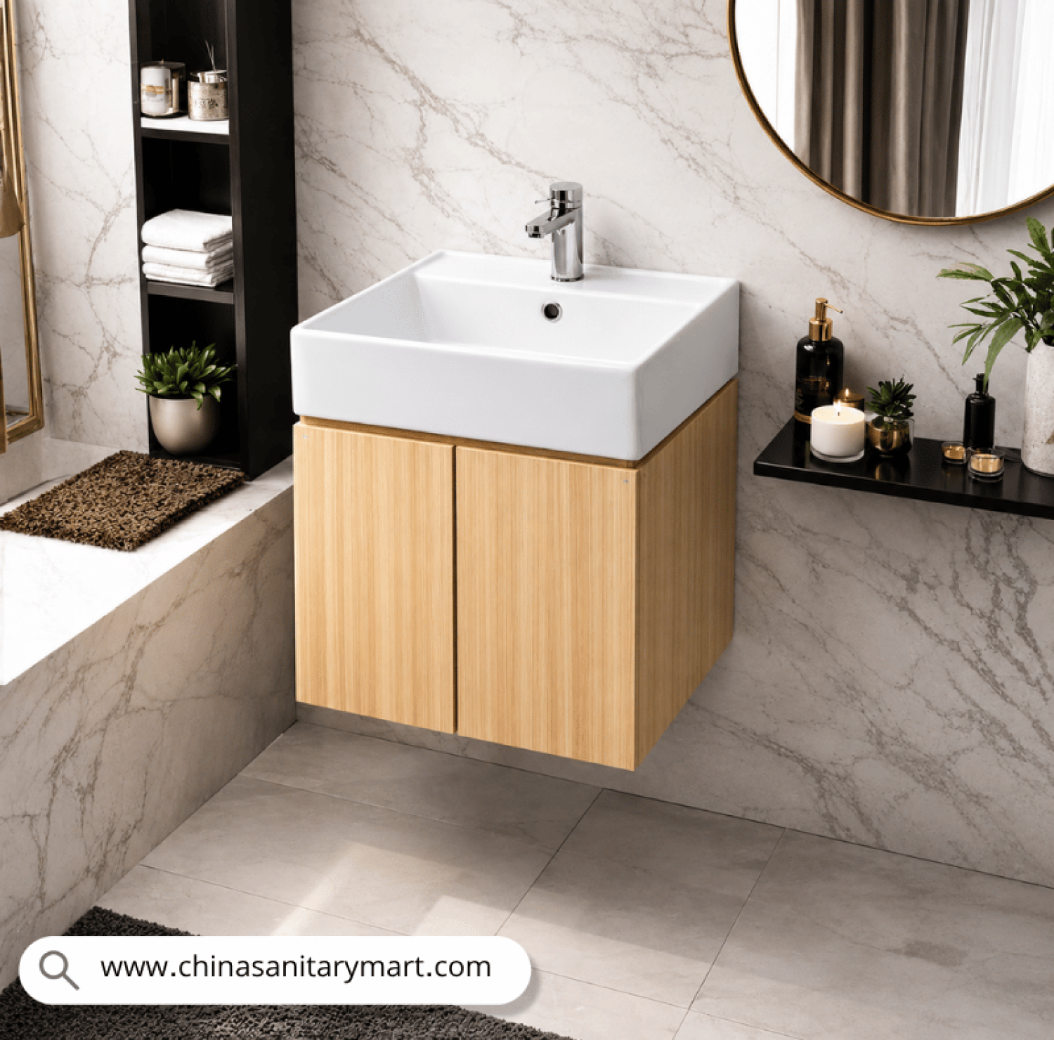 square top basin cabinet, wall hung basin cabinet, 16x16 inch basin cabinet, PVC bathroom cabinet, customizable cabinet, wood color cabinet, duco paint cabinet, pillar tap included, basin waste included, China Sanitary Mart
