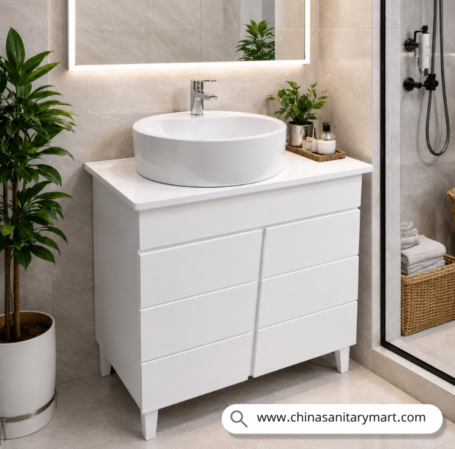 white cabinet set, round top basin cabinet, 18x24 inch cabinet, bathroom basin cabinet, white bathroom cabinet, top basin cabinet set, basin waste included, pillar tap included, China Sanitary Mart