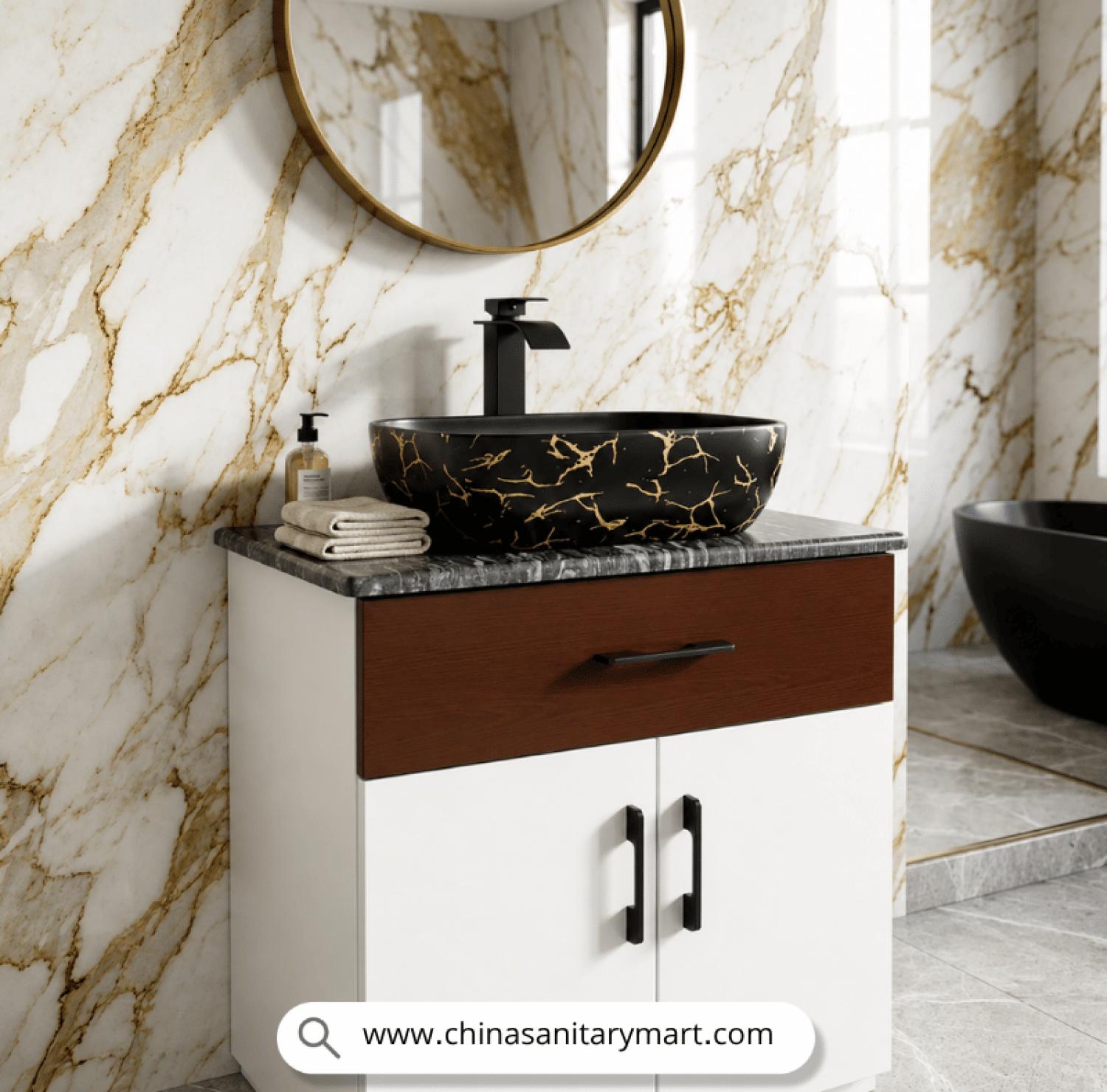 matte black top basin, gold top basin cabinet, 18x13 inch basin cabinet, PVC bathroom cabinet, customizable cabinet, duco paint cabinet, waterproof cabinet, basin mixer included, basin waste included, mirror included, China Sanitary Mart