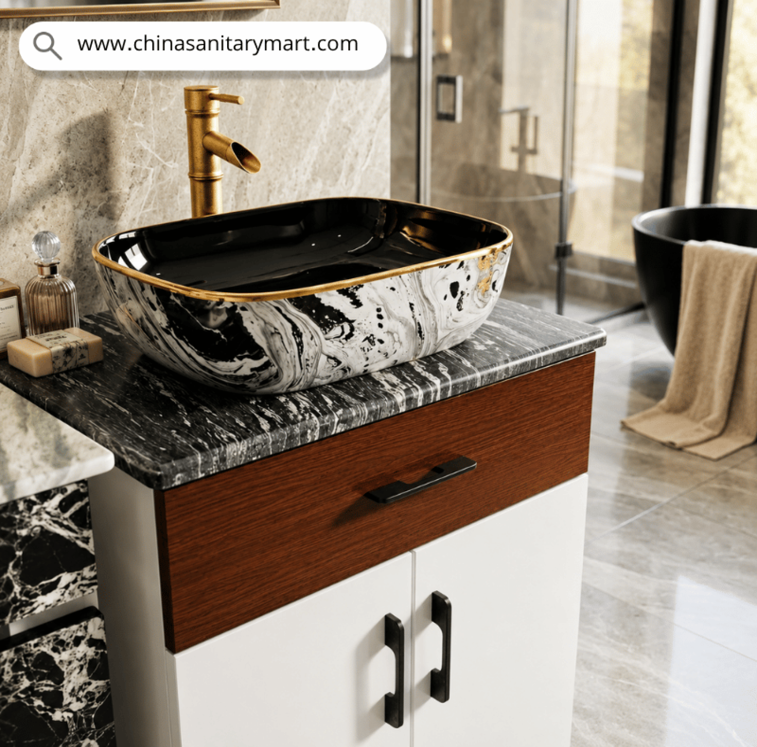 black marble top basin, rectangular table top basin, 18x13 inch basin cabinet, PVC bathroom cabinet, customizable cabinet, duco paint cabinet, waterproof cabinet, pillar tap included