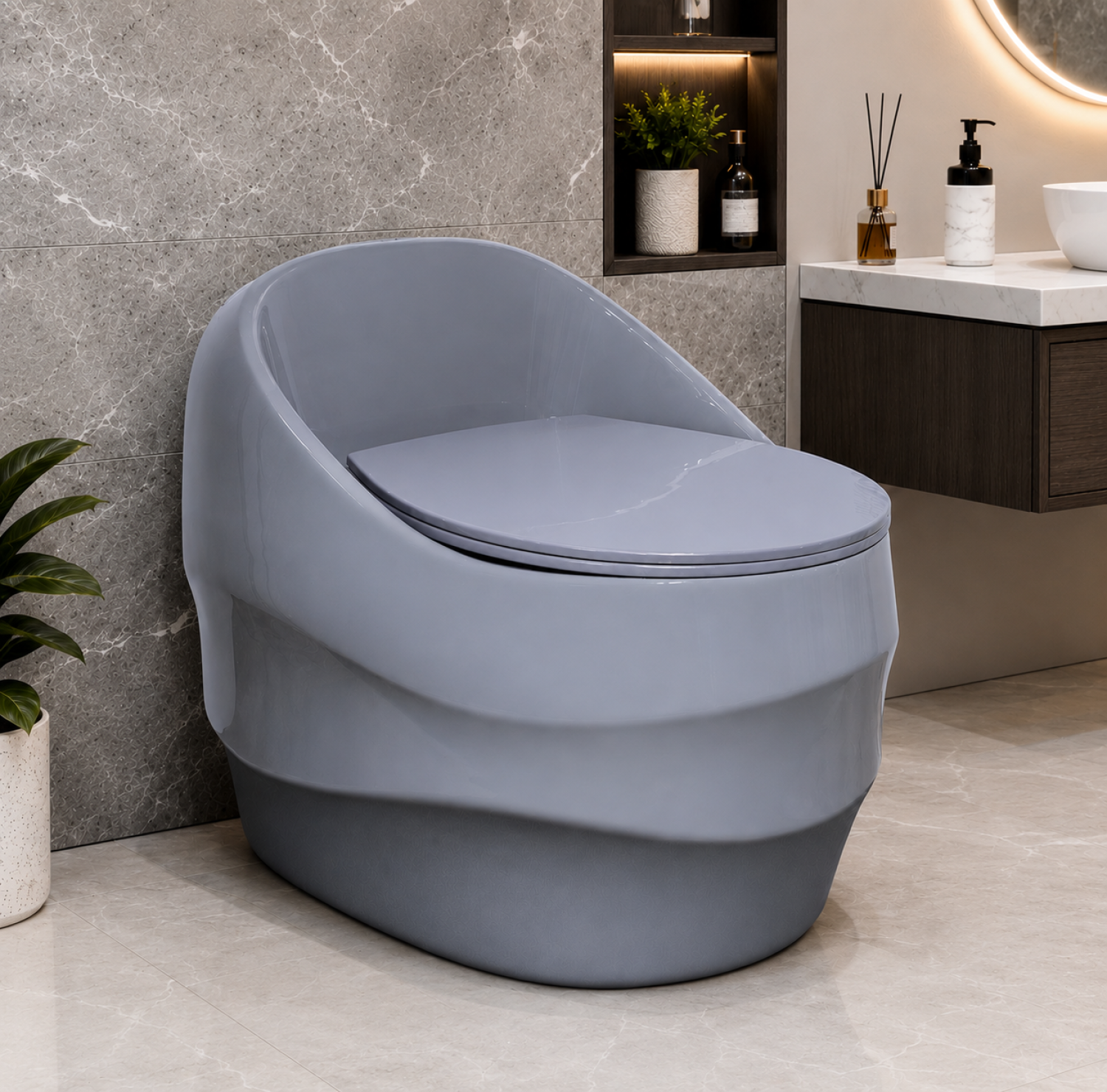 commode, egg shape commode, grey commode