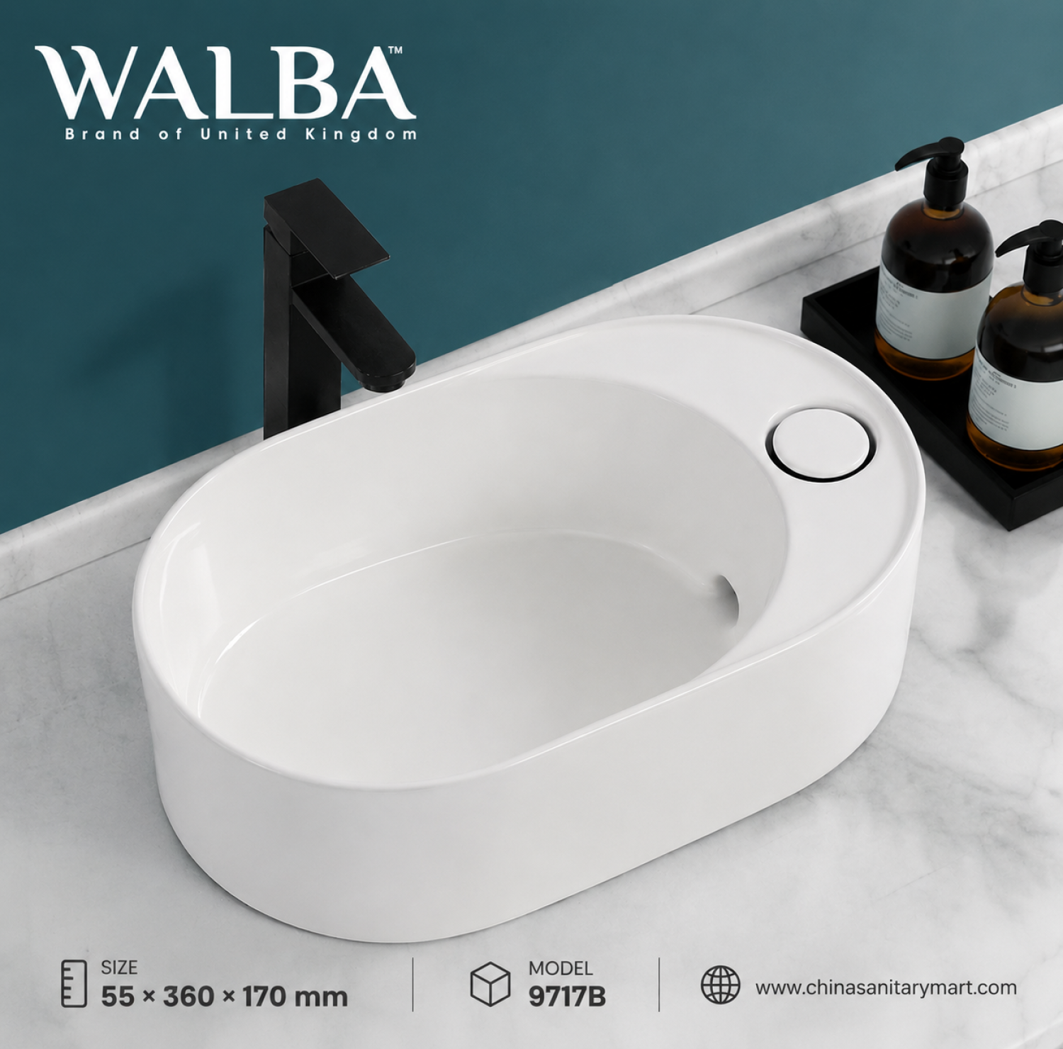 Walba 9717B, Walba basin, table top basin, countertop basin, ceramic wash basin, white wash basin, oval basin, bathroom basin Bangladesh, wash basin price in Bangladesh, luxury basin, modern basin, China Sanitary Mart
