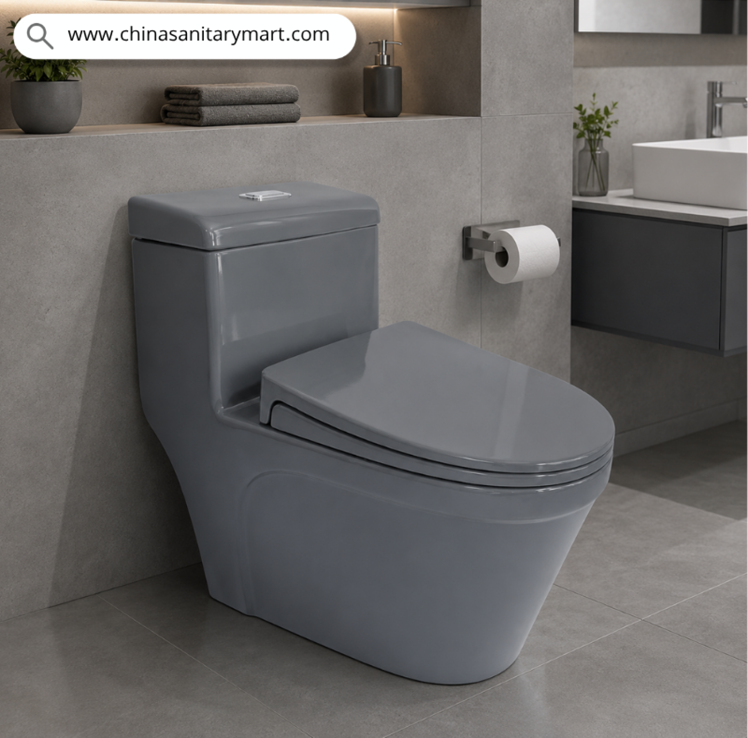 413-Go commode, Ornt Grey commode, grey toilet bowl, one-piece commode, luxury grey sanitary ware, gold accent toilet, modern floor standing toilet, China Sanitary Mart, premium bathroom fittings, one-piece water closet