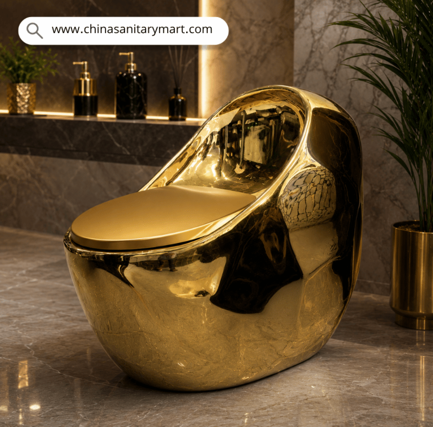 IS-M099G Peanut Commode Golden Color luxury one piece ceramic toilet with premium high gloss gold finish, floor mounted designer WC for modern bathrooms, luxury homes, hotels and villas, elegant sanitary ware by China Sanitary Mart.