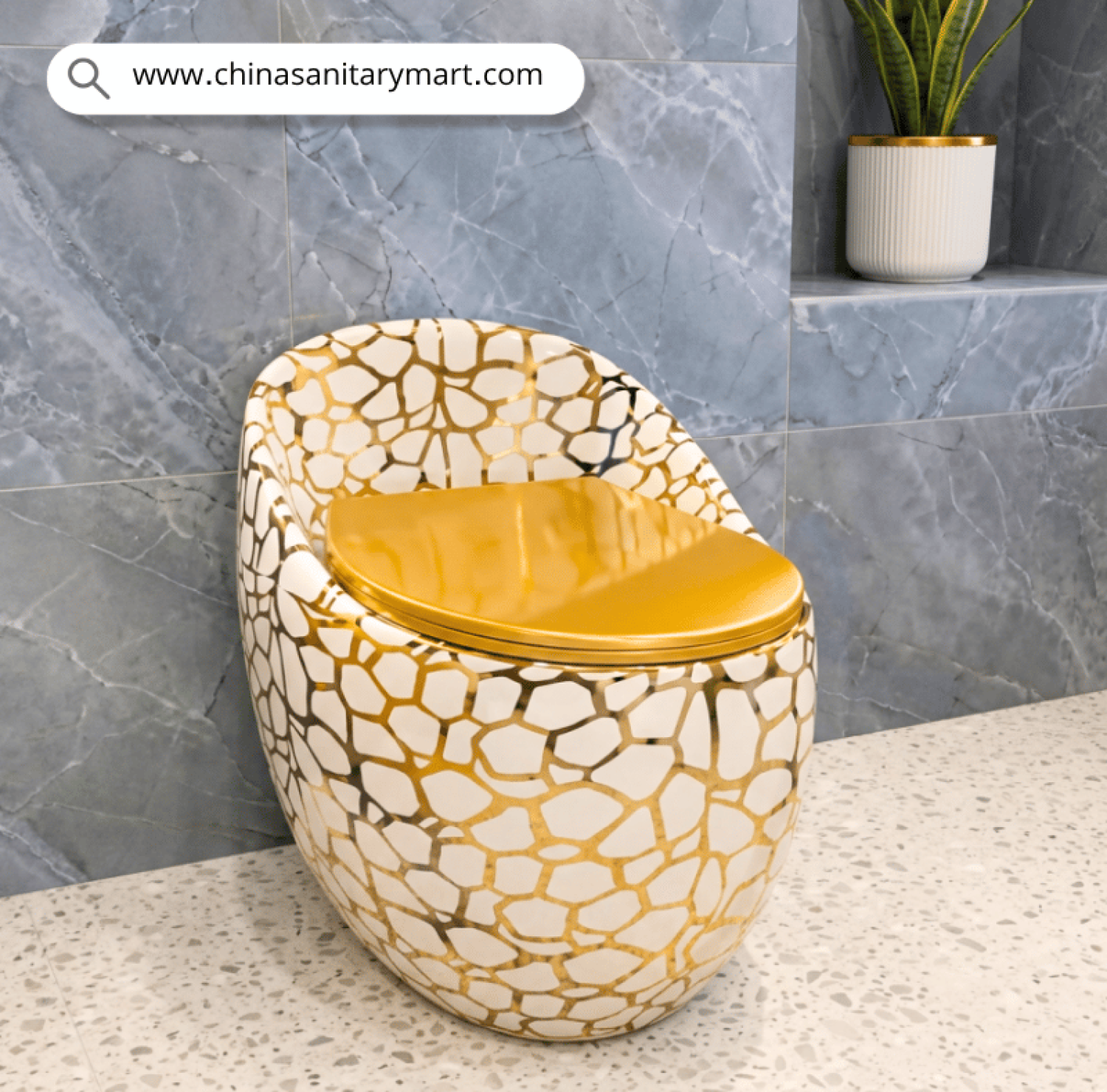 IS-T088GA White Golden Bubble Marble Shed Commode with luxury white and gold bubble marble finish, golden soft close seat, one piece ceramic floor mounted toilet for modern bathrooms, luxury homes, hotels and villas by China Sanitary Mart.