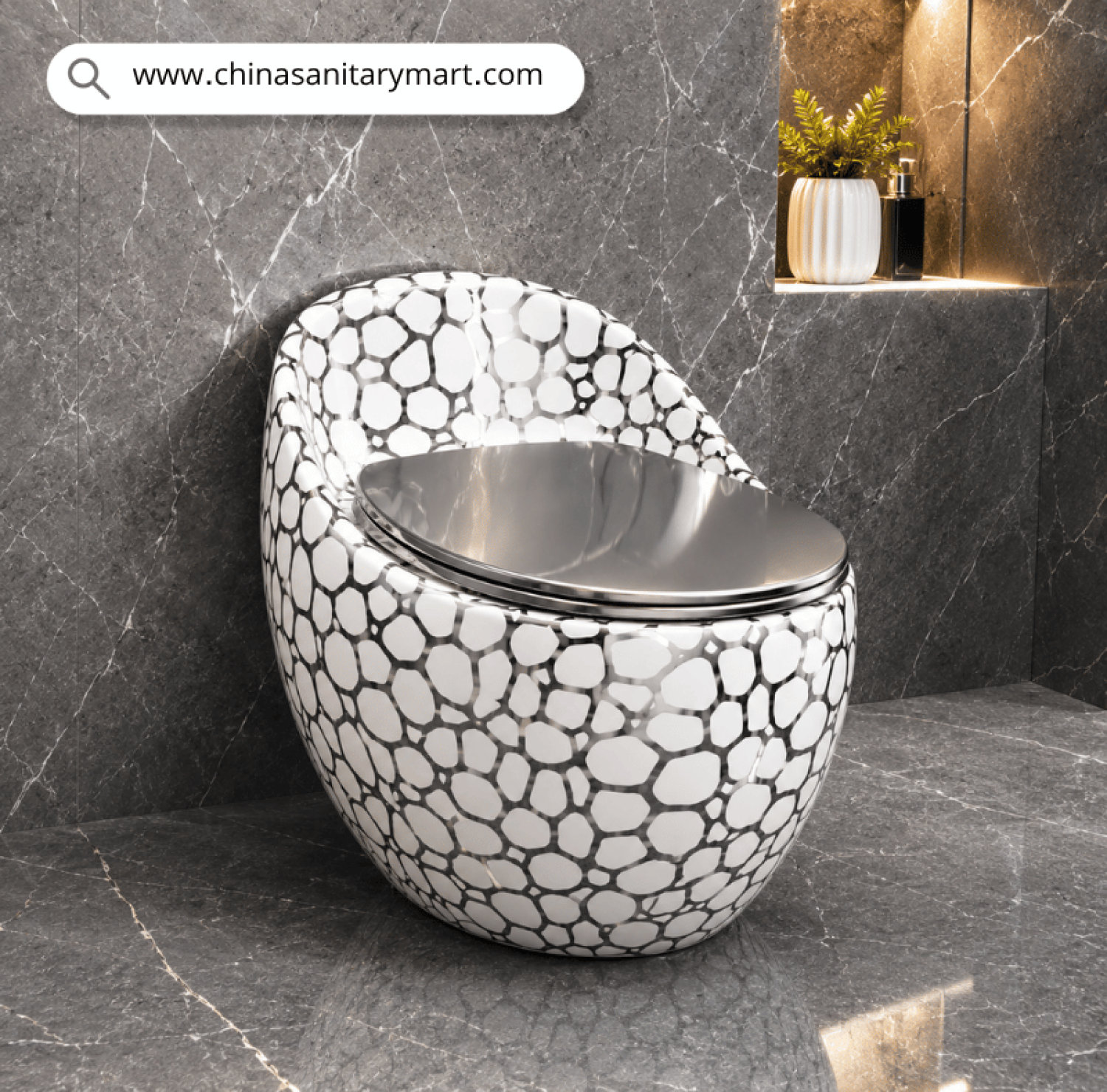 IS-T088GD White Silver Bubble Marble Shed Commode with premium white and silver bubble marble finish, luxury silver soft close seat, one piece ceramic floor mounted toilet for modern bathrooms, luxury homes, hotels and villas by China Sanitary Mart.