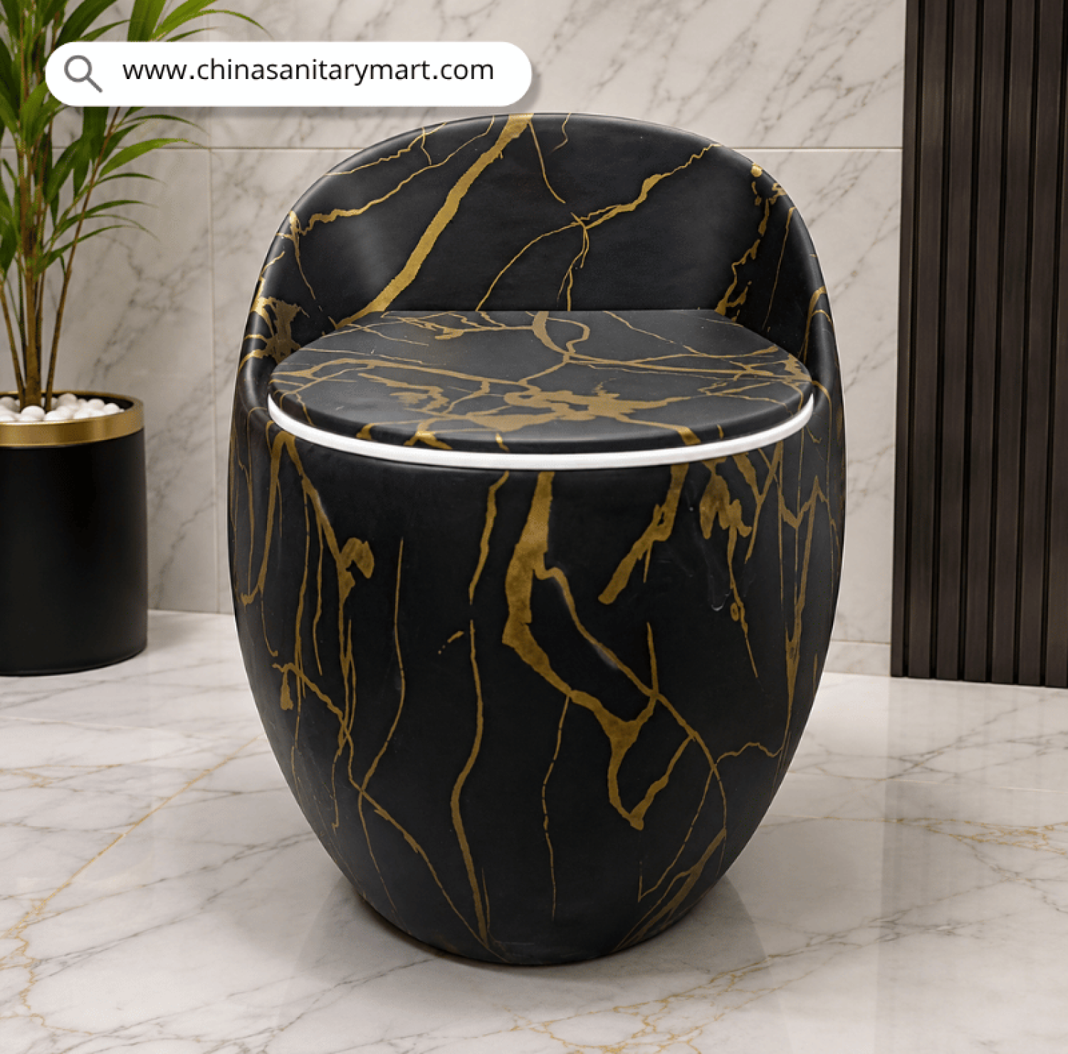 IS-T088MBC Matte Black Marble Shed Commode with luxurious matte black marble finish and elegant golden veins, one-piece ceramic floor mounted toilet featuring a soft close white seat for premium modern bathrooms by China Sanitary Mart.