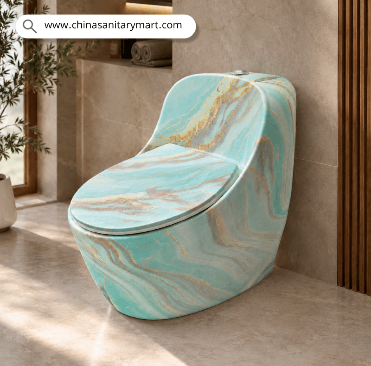 IS-T303MBA Blue Marble Shed One Piece Commode with premium blue marble finish and elegant golden veining, luxury ceramic floor-mounted toilet featuring a soft close seat for modern designer bathrooms by China Sanitary Mart.