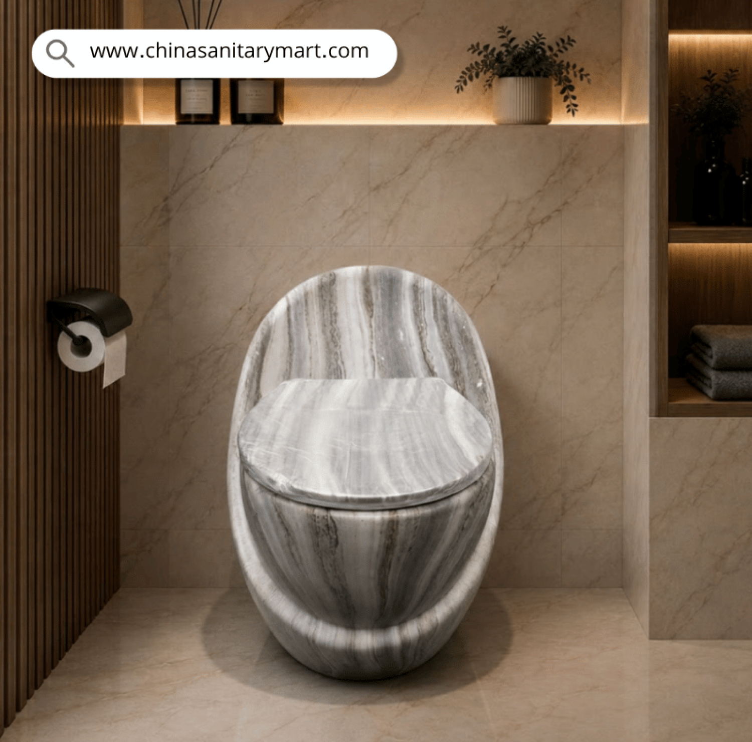IS-T406C Unique Marble Shed Egg Shape Commode with premium grey and white marble finish, luxury one-piece ceramic floor-mounted toilet featuring a soft close white seat for modern designer bathrooms by China Sanitary Mart.