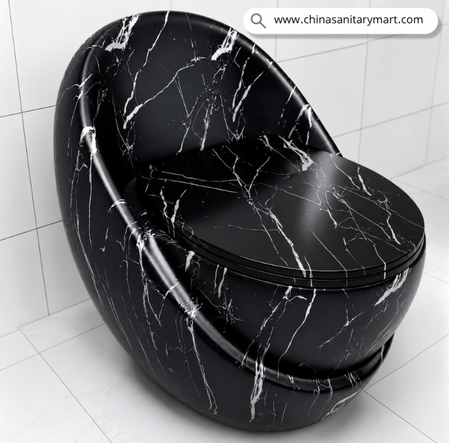IS-T406F Matte Black Marble Shed Egg Shape Commode with elegant white marble veining, premium one-piece ceramic floor-mounted toilet featuring a soft close white seat, luxury designer bathroom sanitary ware by China Sanitary Mart.