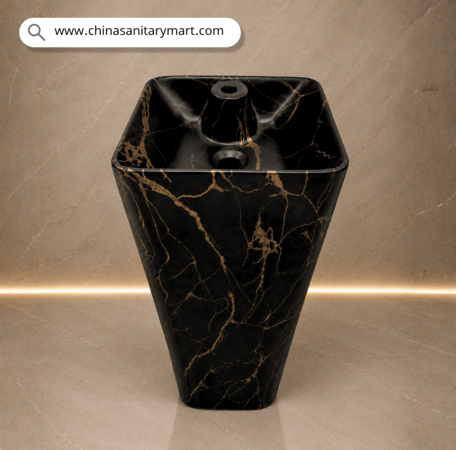 IS-PB304MB Matte Black Marble Shed Drum Basin with premium ceramic construction, elegant matte black marble finish and golden veining, luxury freestanding floor-mounted wash basin for modern residential and commercial bathrooms.