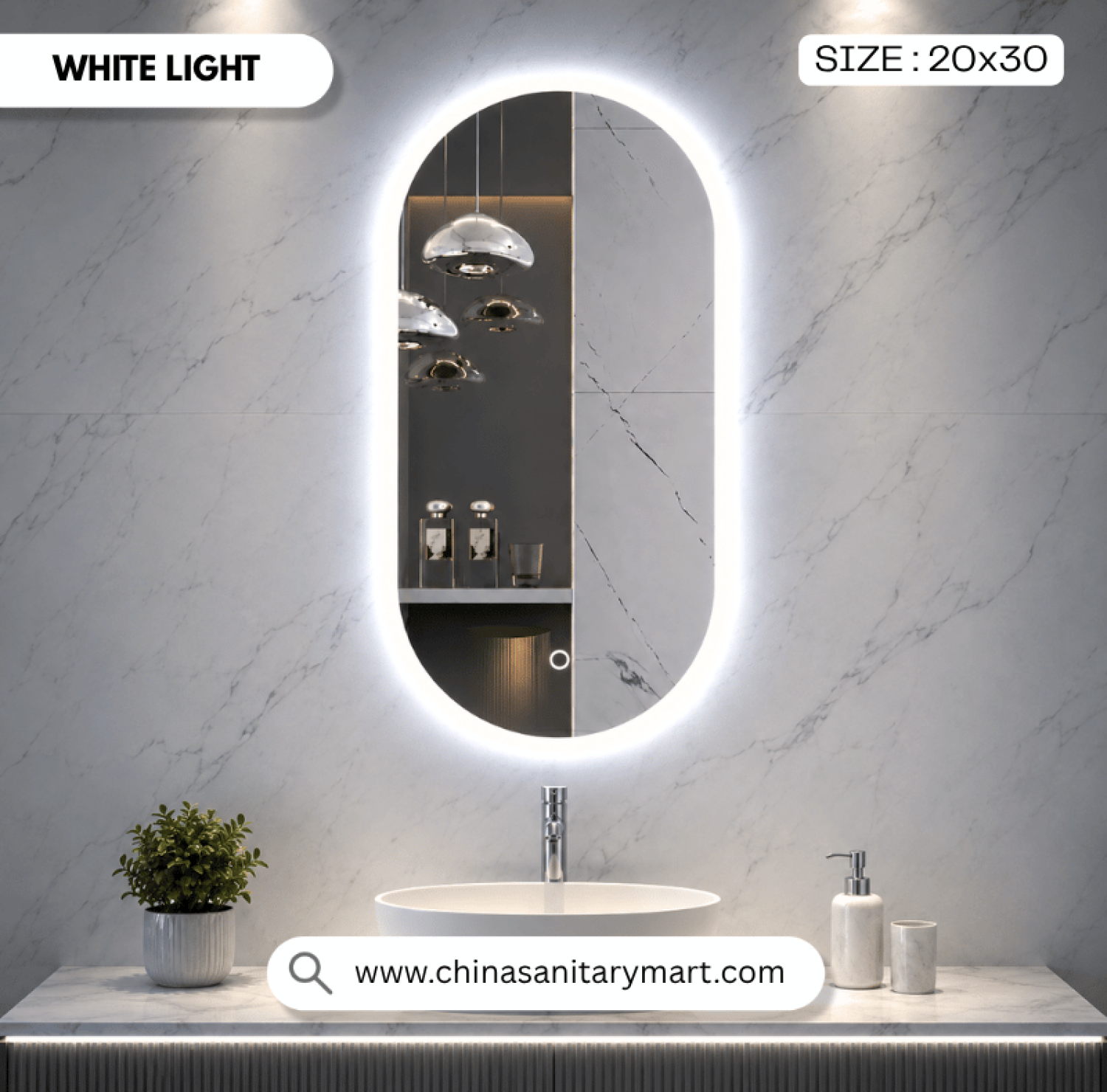 20 × 30 Inch Capsule Shape LED Mirror with HD copper-free glass, touch sensor and Cool, Warm & White LED light modes, modern wall-mounted bathroom vanity mirror for luxury homes, hotels and commercial bathrooms.
