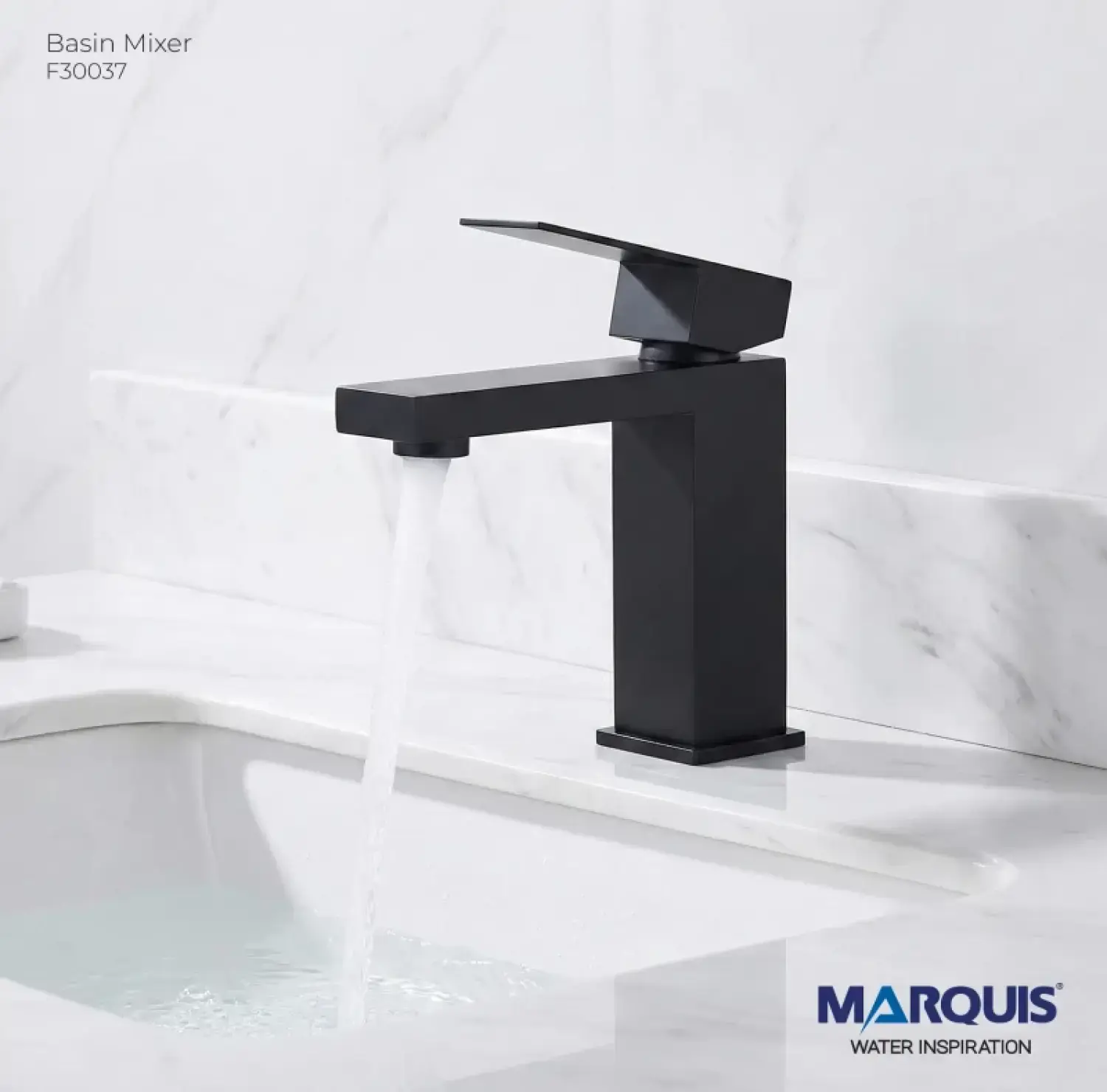 MARQUIS F30037 Matte Black Basin Mixer made from premium solid brass with scratch-resistant matte black finish, ceramic cartridge, water-saving aerator and modern deck-mounted design for contemporary bathroom basins.