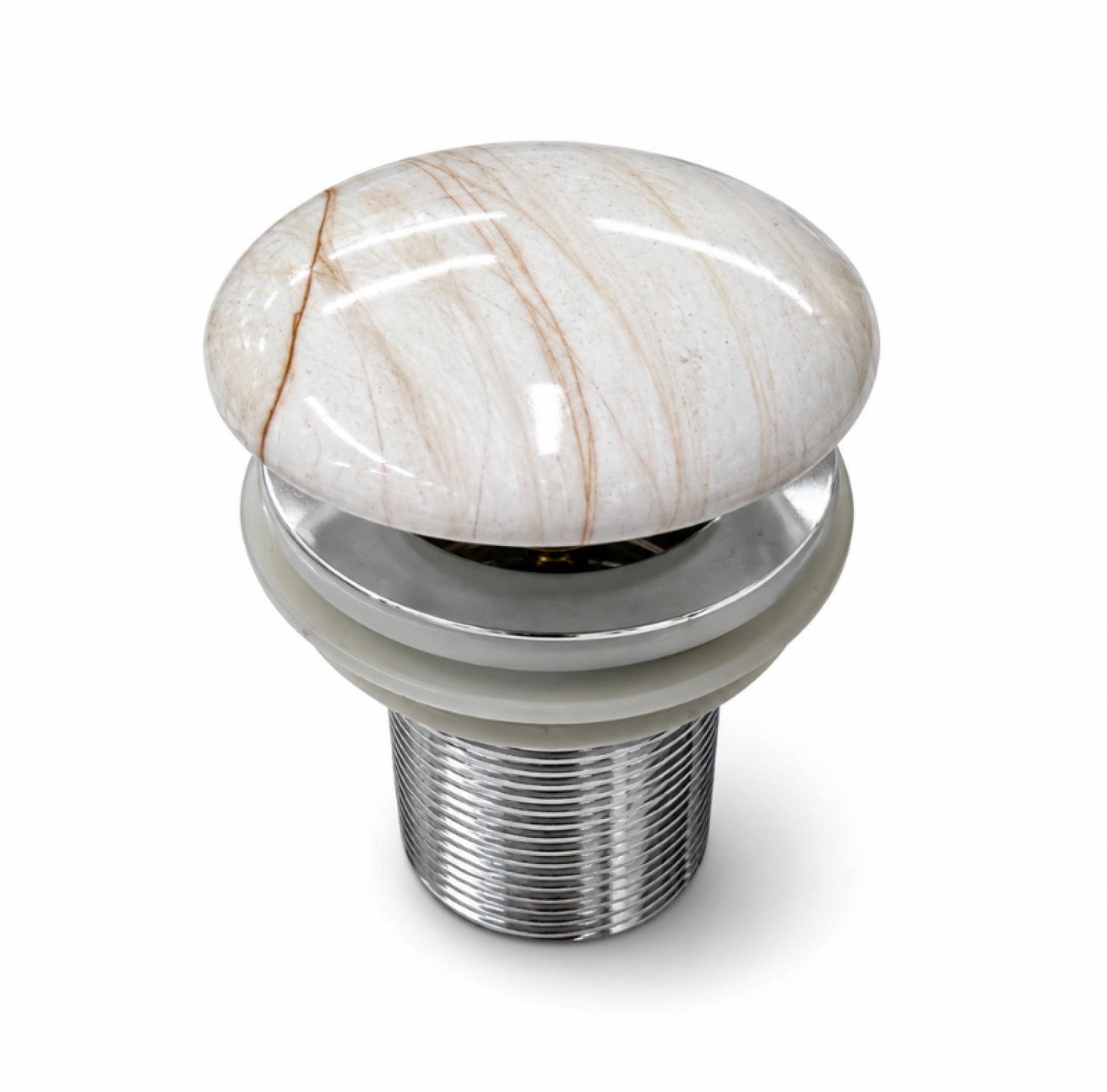 Ceramic White Marble Shed Basin Waste with glossy white marble ceramic top, chrome-plated brass body, premium pop-up drain plug, leak-resistant construction