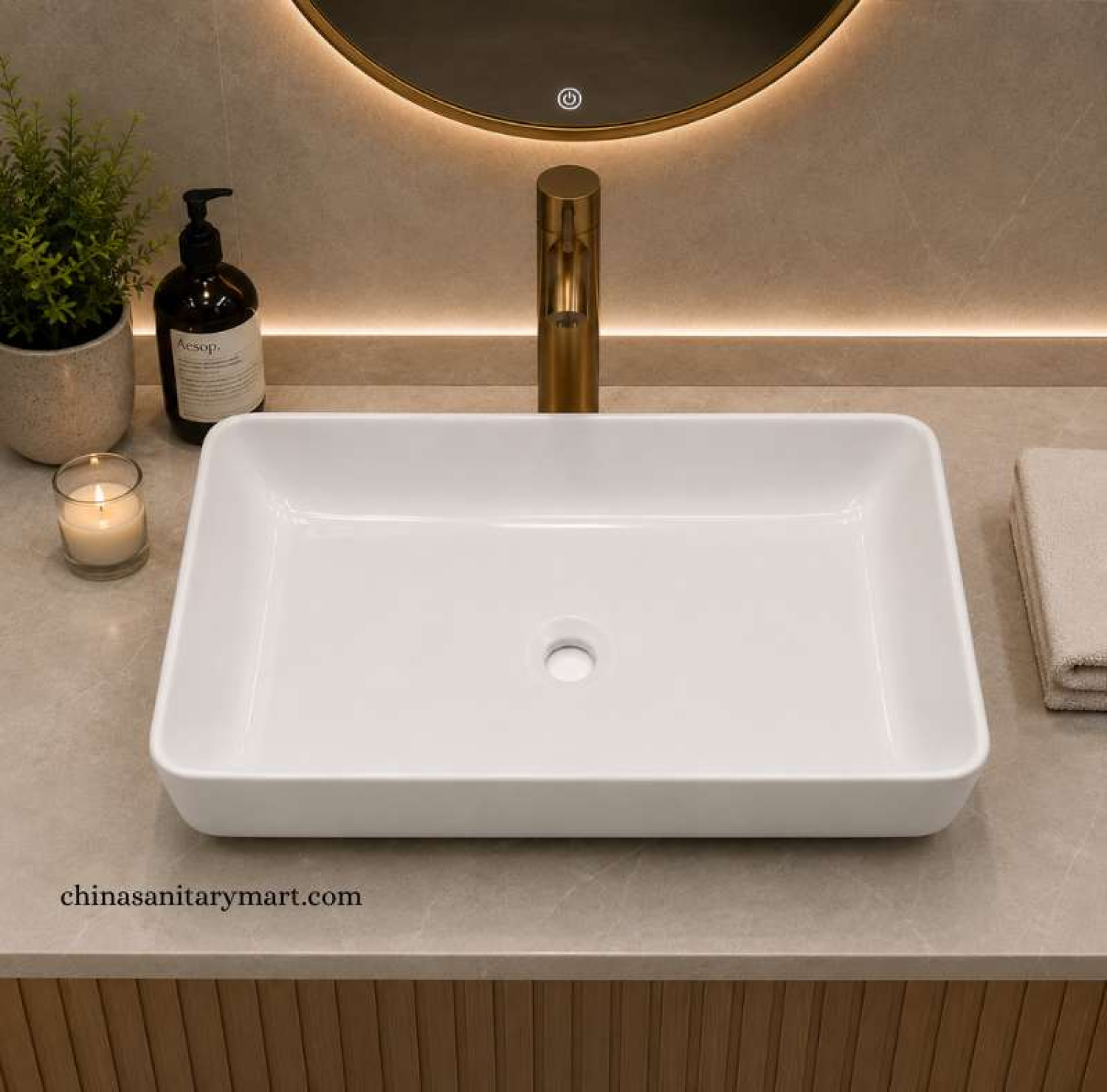 IS-A3068 14.5×23 Inch White Marble Top Basin with premium ceramic construction, glossy white finish, rectangular countertop design, spacious wash bowl, scratch-resistant surface, and modern luxury bathroom for residential and commercial use.