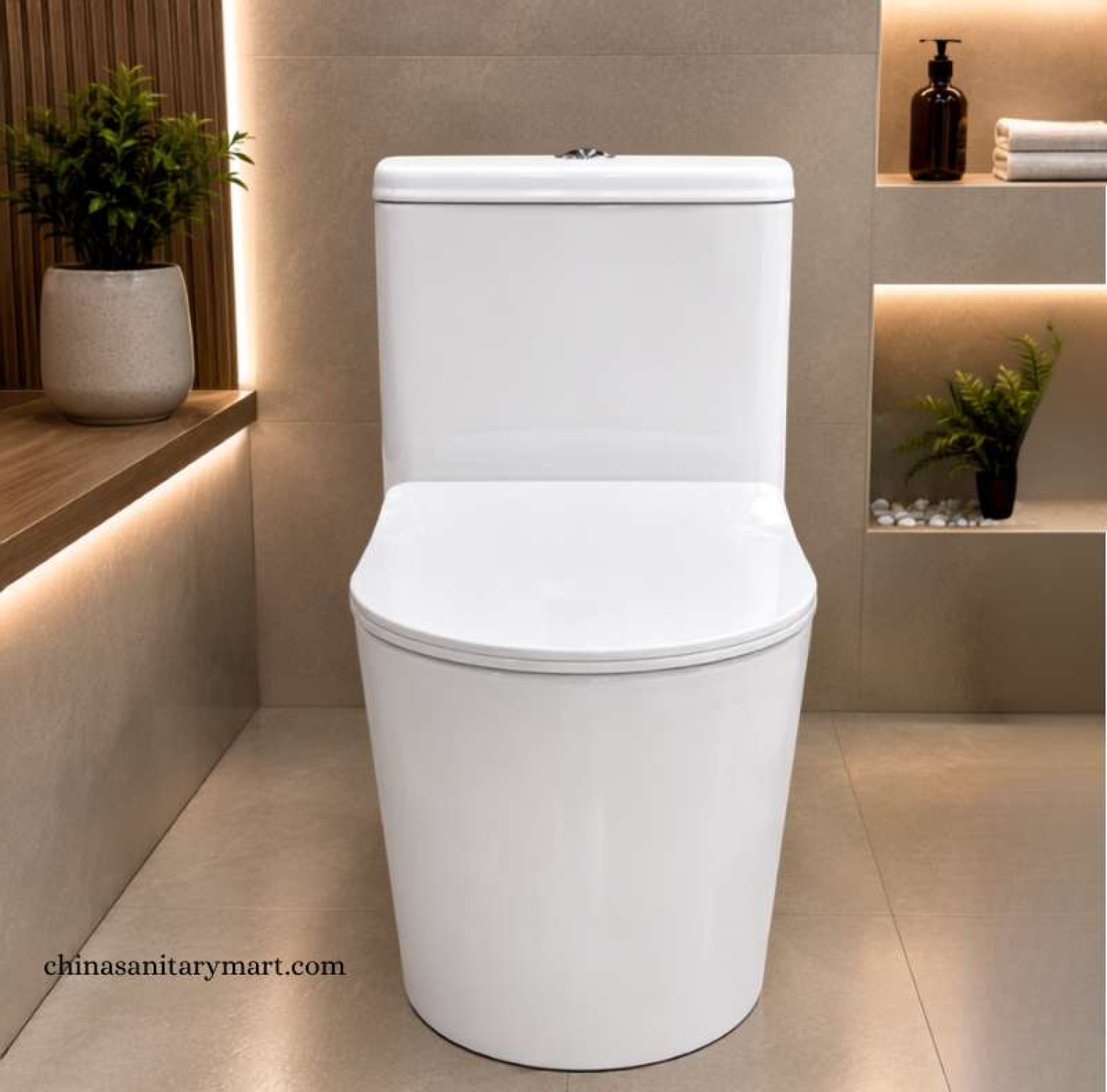 IS-M007 24 Inch Premium White One Piece Commode featuring a glossy white finish, premium sanitary ceramic construction, Tornado Jet Flush system