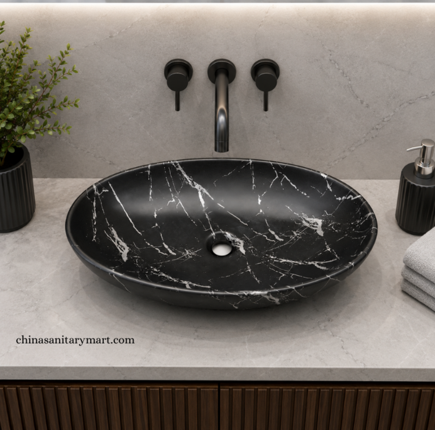 IS-A034C 16×24.5 Inch Matte Black Marble Shed Top Basin featuring a premium ceramic body, matte black marble finish with elegant white veining