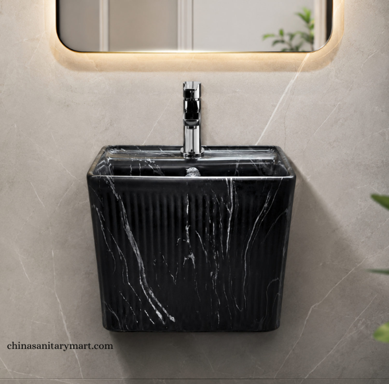 IS-WB003MA 16×16 Inch Matte Black Marble Shed Square Shape Top Basin featuring a premium ceramic body, matte black marble finish with white veining