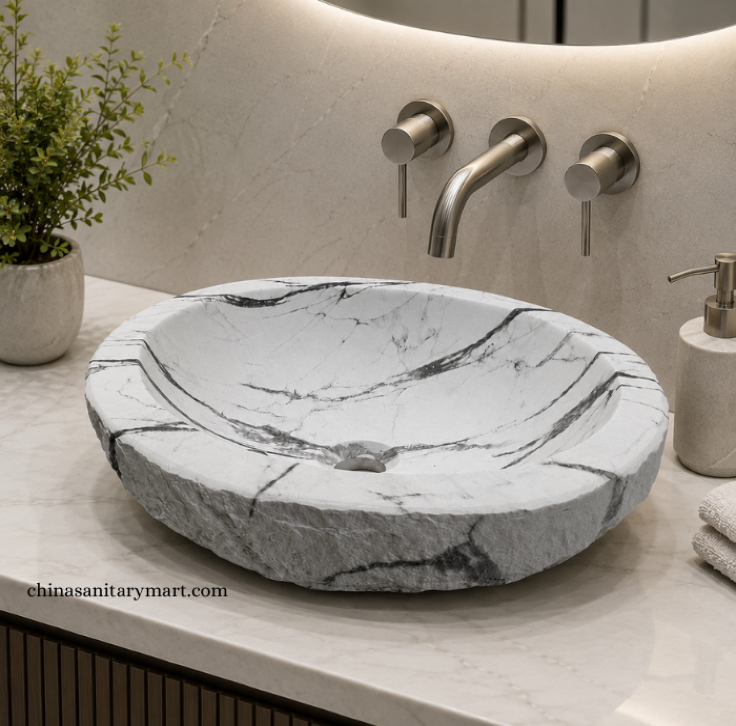 IS-AST02 18×14 Inch Stone Model White Marble Shed Top Basin featuring a premium ceramic body, elegant white marble finish with black veining