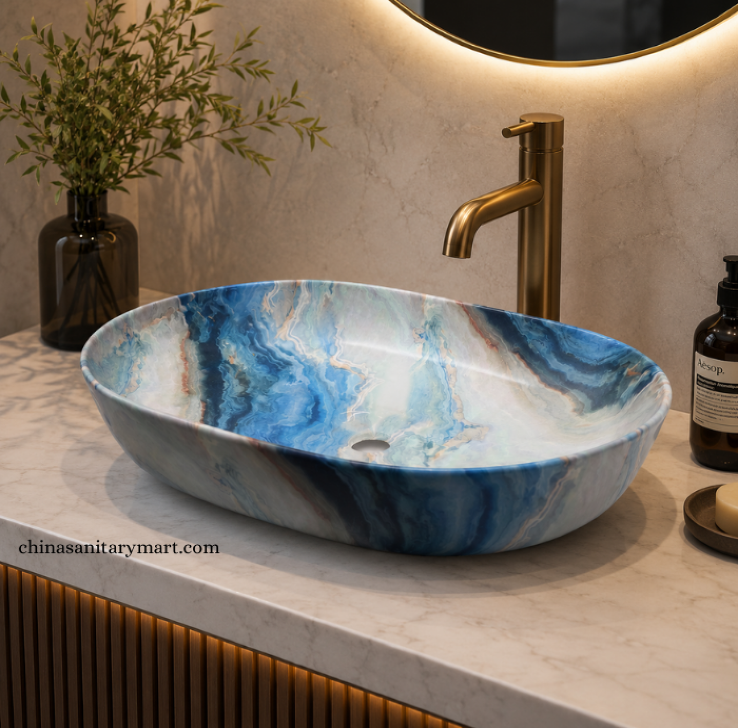 IS-A8310E 16×23.5 Inch Blue Ocean Matte Marble Shed Top Basin with premium ceramic construction, artistic blue marble finish