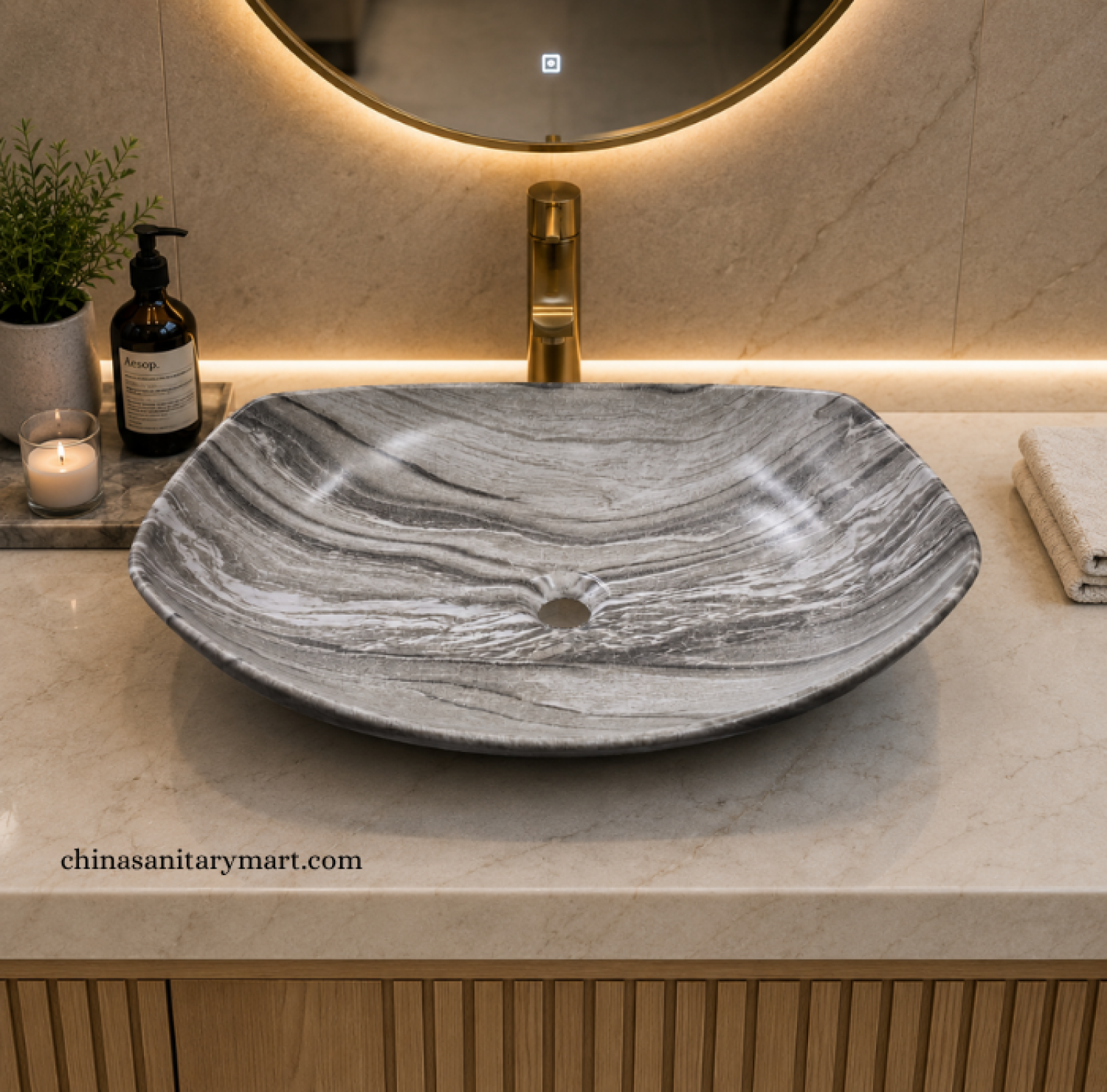 IS-A5166MB 16×22 Inch Matte Grey Marble Shed Top Basin with premium ceramic construction, natural grey marble finish, luxury countertop design